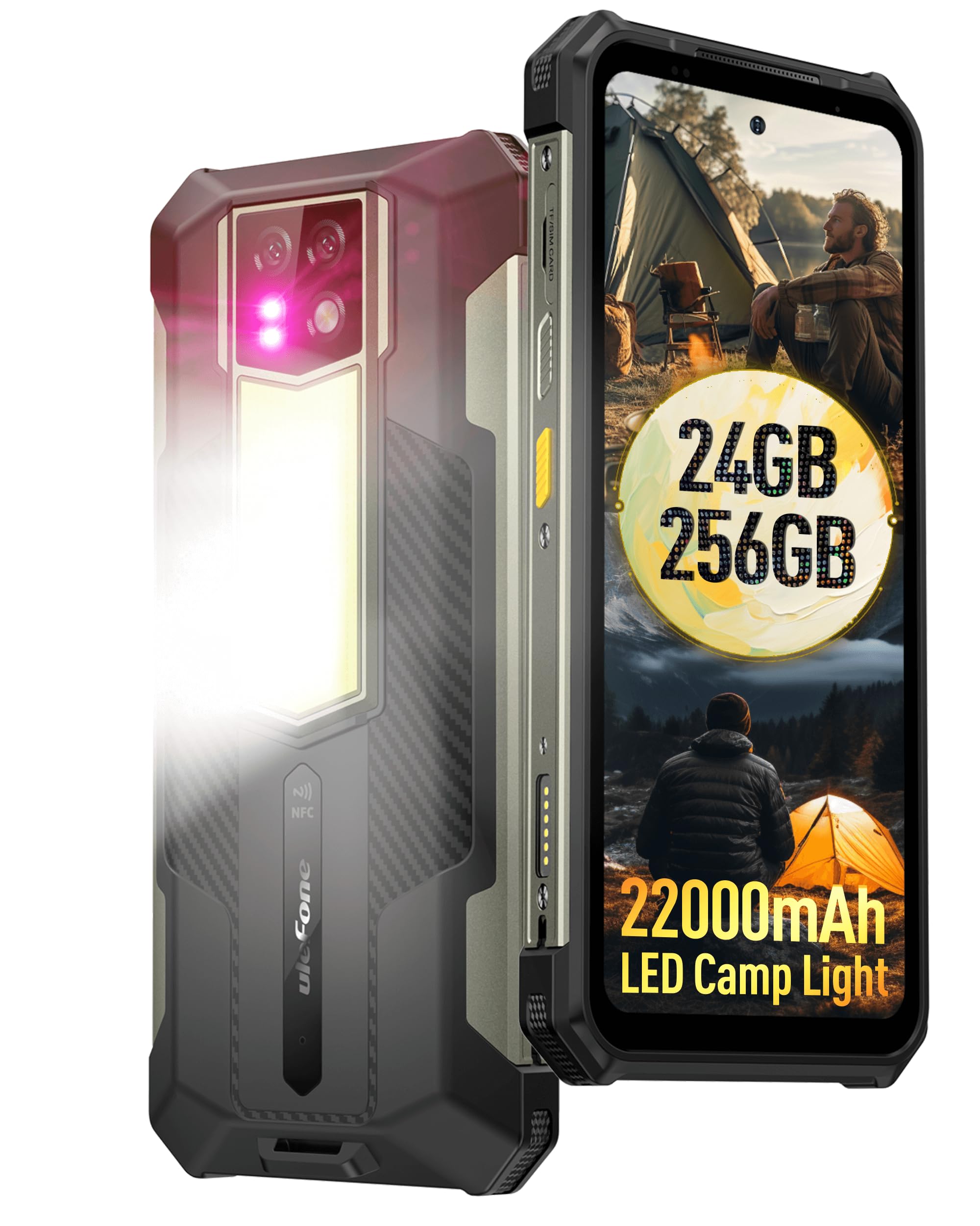Ulefone Armor 24 Rugged Smartphone 22000mAh, 1000LM Lampada Campeggio 24GB+256GB, Android 13 Dual 4G Helio G95, 6.78" FHD+ 120Hz, 64MP Visione Notturna Telefono Indistruttibile, NFC/OTG/GPS