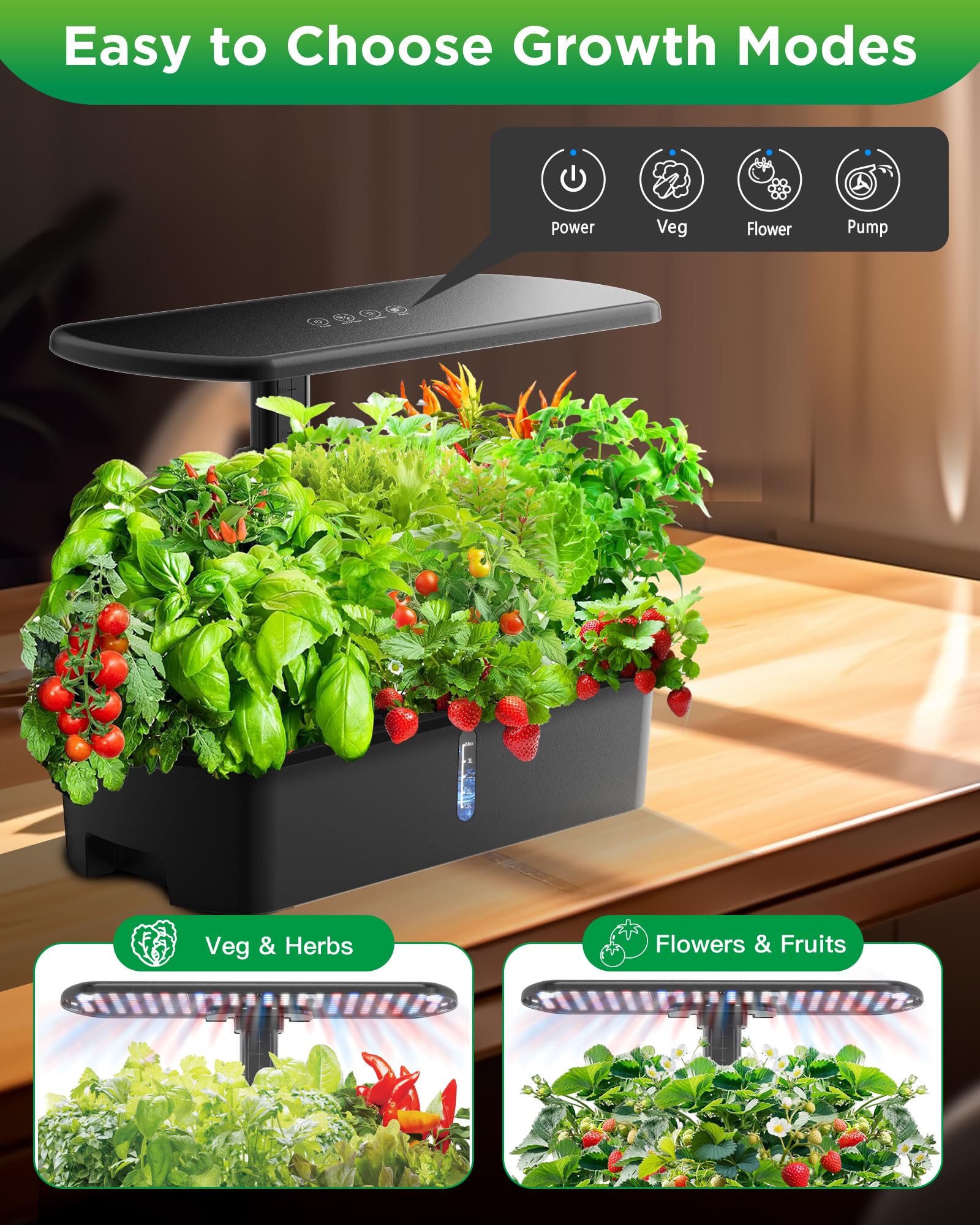 Hydroponics Kit de sistema de cultivo, jardín inteligente controlado con luz LED de crecimiento de espectro completo, kit de germinación de plantas de 15 vainas, con mini bomba silenciosa, para