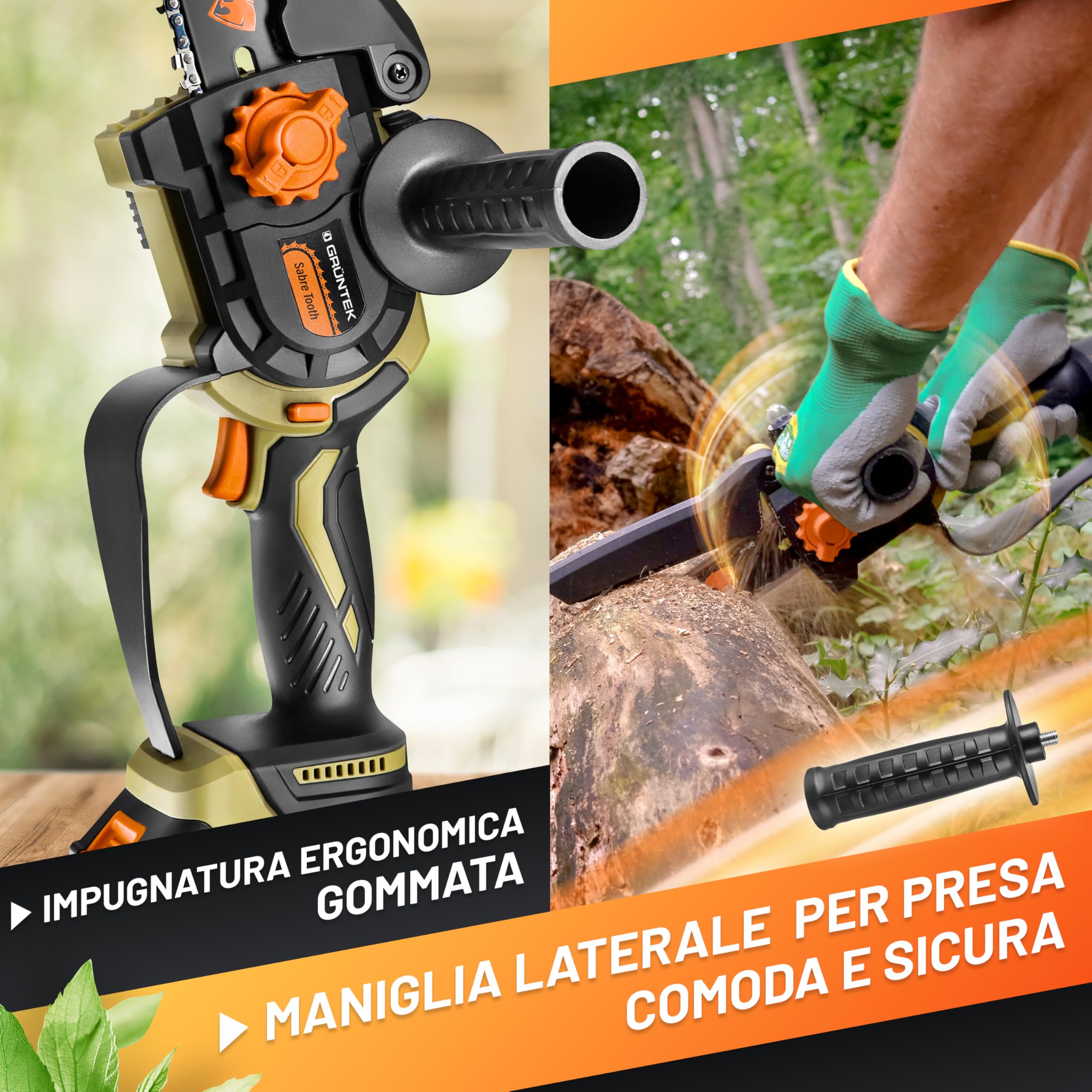 GRÜNTEK Mini Motosega a Batteria 1050W. Motosega Elettrica 6" e 8". Sega Elettrica per Potatura Brushless. Seghetto Elettrico per Legno. Lubrificazione Automatica. Potatore con 2 Batterie 21V.