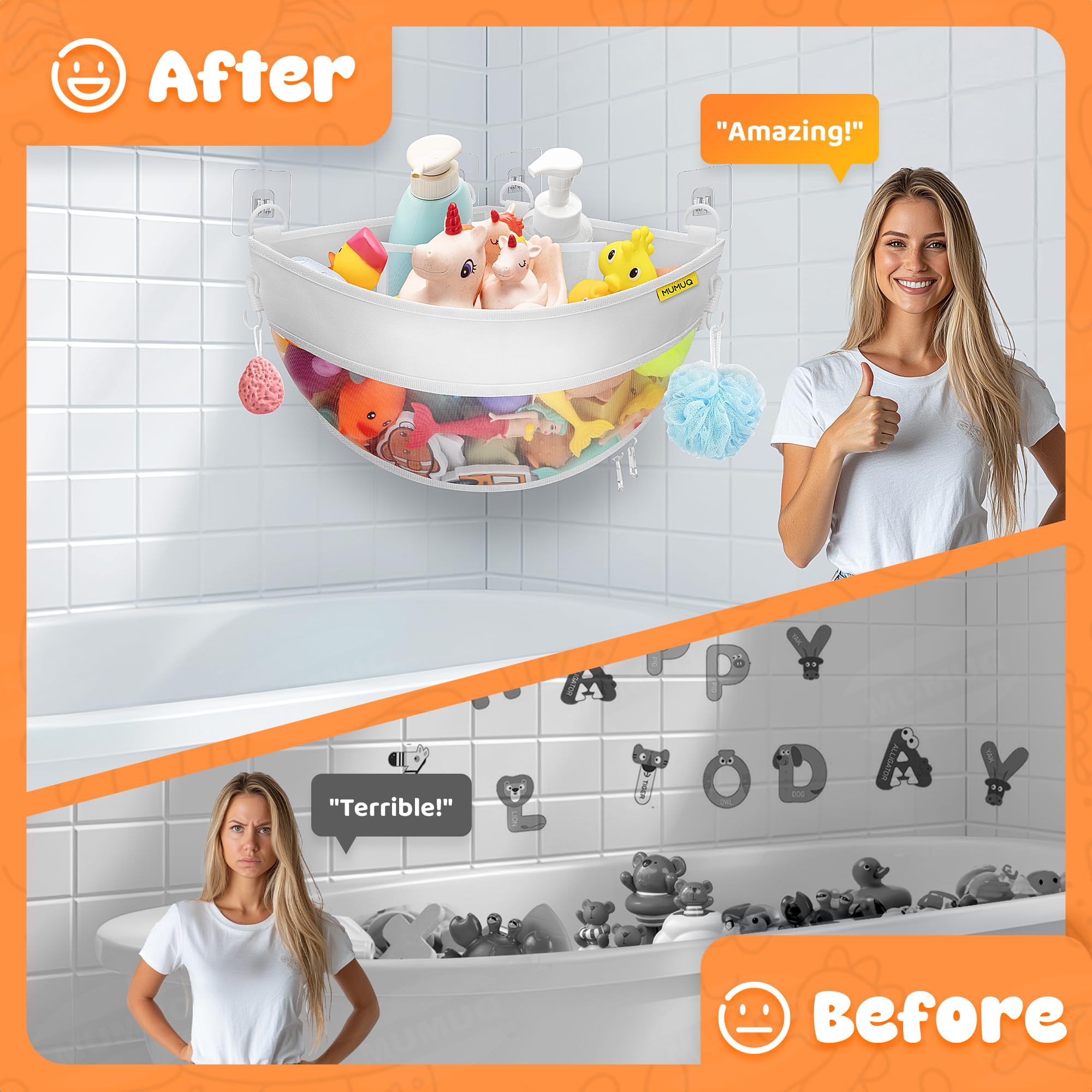 Bath Toy Storage Corner Wall Mounted, 4.32 Gallons Bath Toy Holder, Bottom Zipper Mesh Bathtub Toys Storage Organizer Bag, Quick Access Baby Shower Caddy Quick Dry Bathtub Toys Holder Accessory