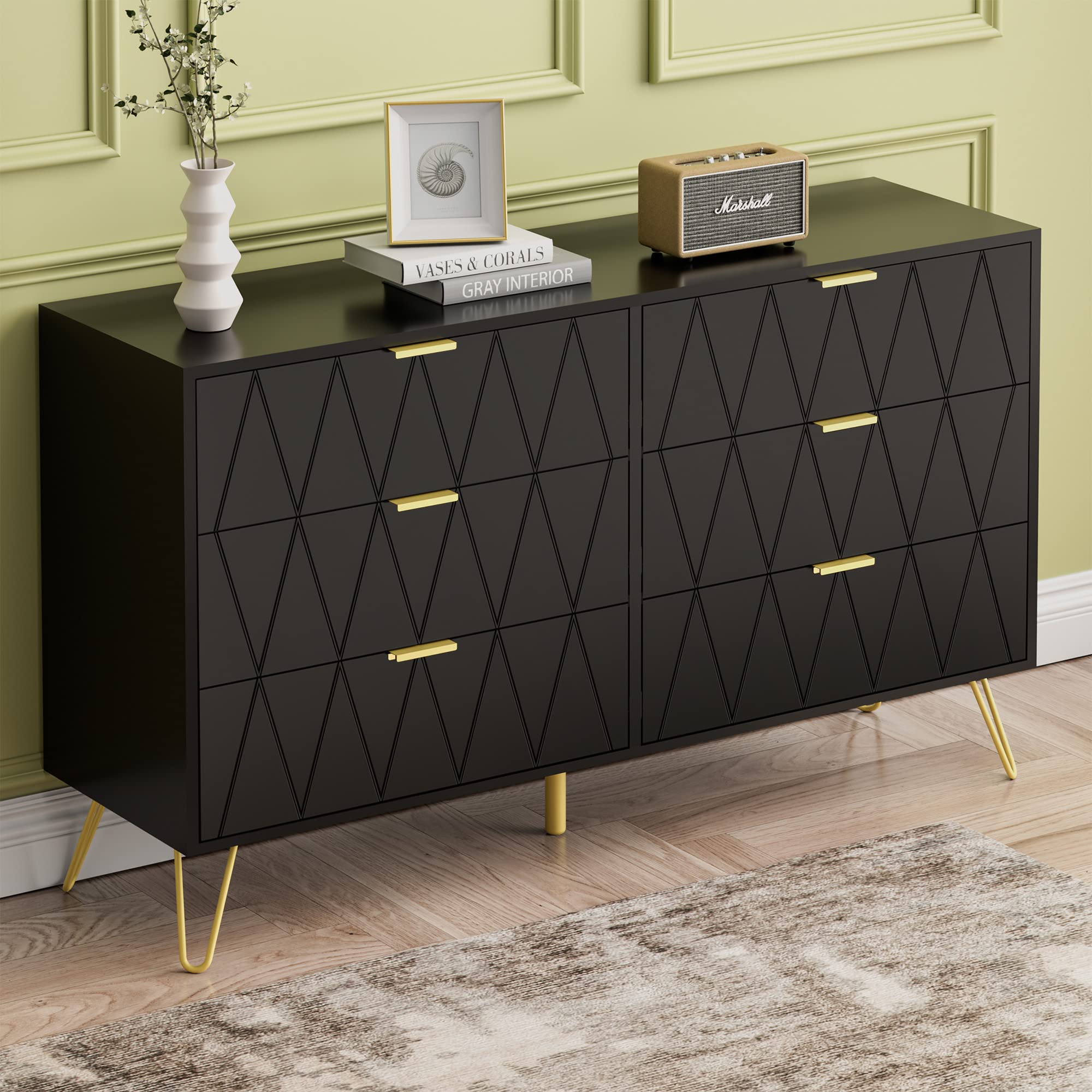 Anbuy Dresser for Bedroom Black 6 Drawer Dresser Chest of Drawers Wide Double Wood Storage Cabinet with Gold Handles