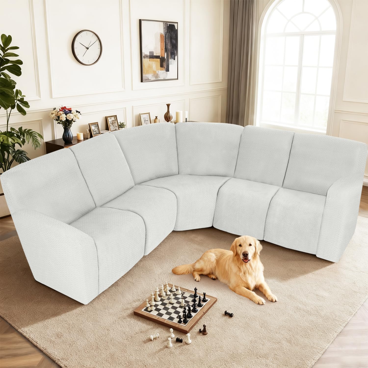 ALIECOM 100% Waterproof Recliner Sectional Couch Covers L Shape Stretch Corner Reclining Sectional Sofa Cover Washable Recliner Slipcover Protector for Dog Pet (5 Seat, Light Gray)