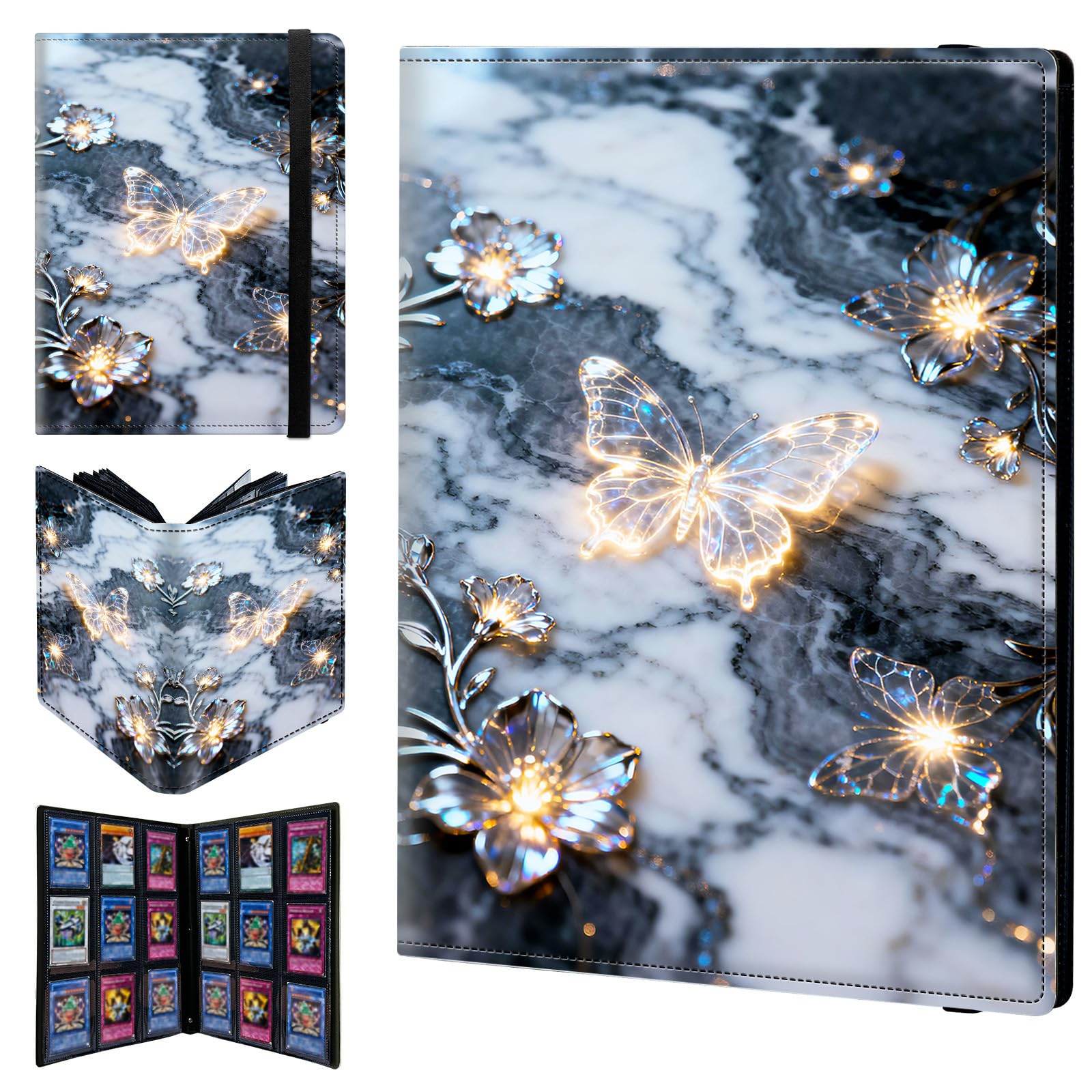 9 Pocket Trading Card Binder 720 Side Loading Pocket Album with Marble Butterflies Pattern Design Card Binder for Sports Cards & Game Cards