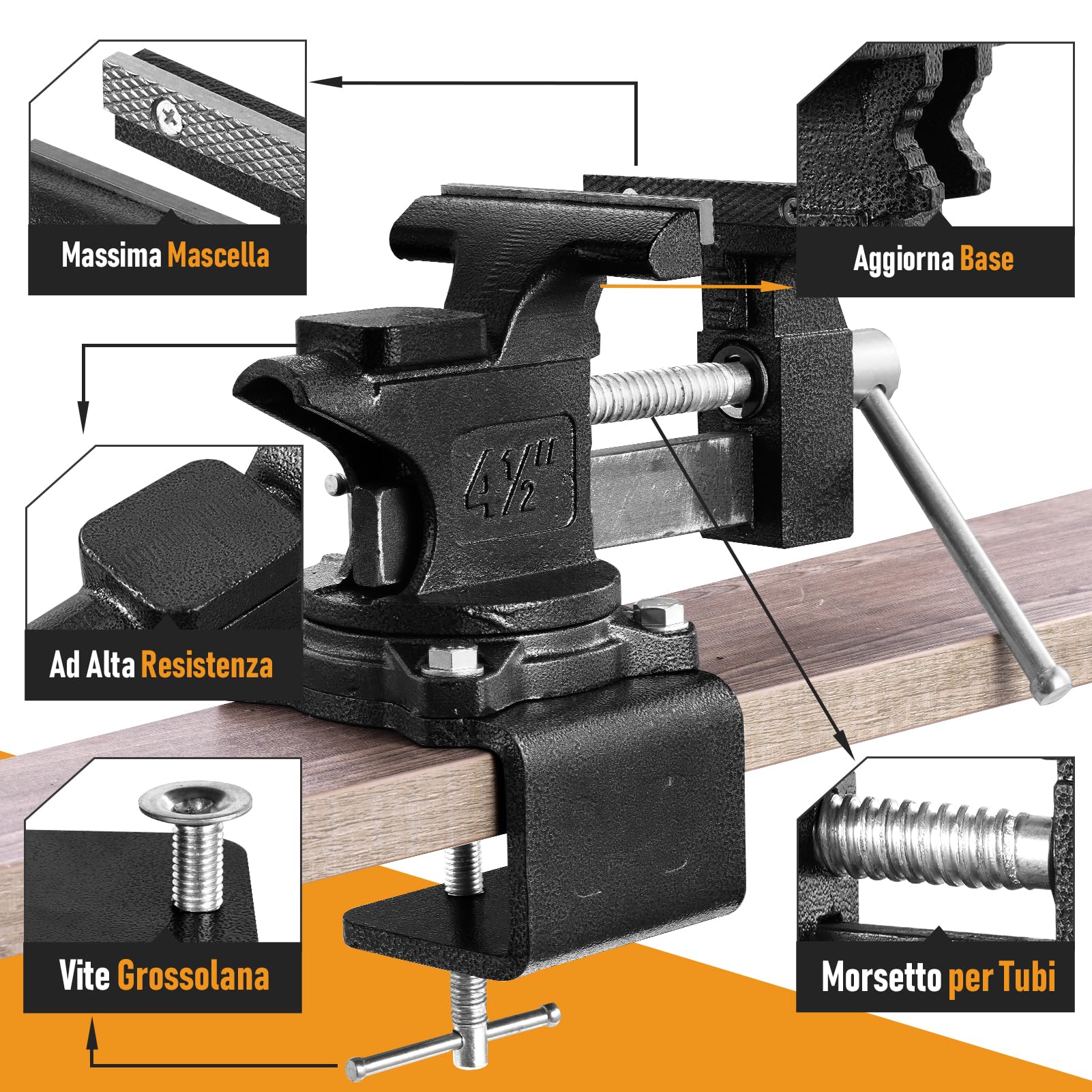Morsa da Banco, 110 mm Morsa da Banco Professionale 270°, 2 in 1 Multiuso ad Alte Prestazioni Morsetto con Ganasce Morbide Multifunzionali, per Banchi da Lavoro