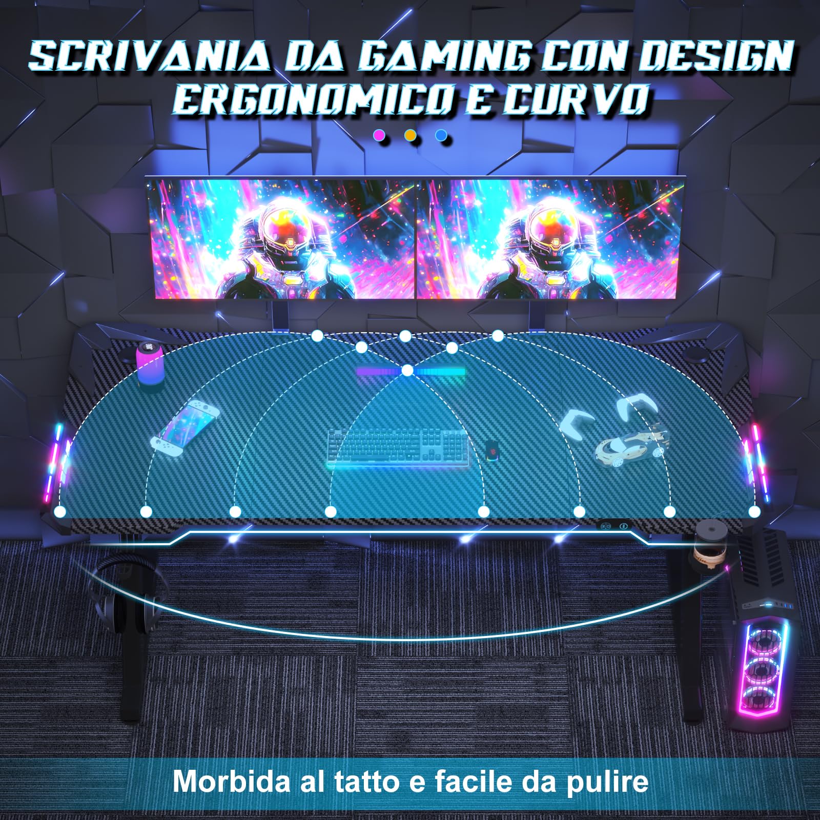 Scrivania Gaming LED 160x60 cm - Tavolo Gaming Ergonomico con Ganci per Cuffie e Piano in Fibra di Carbonio Nero, Scrivania per Computer Illuminazione RGB Regolabile, per Setup Gamer Professionale