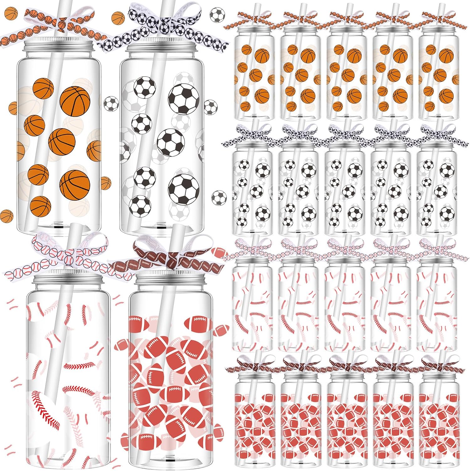 Hushee 24 Pcs 14.2 oz Sports Plastic Tumbler with Lid and Straw Basketball Football Baseball Soccer Clear Plastic Cups with 4 Sports Themed Ribbons Reusable Cups for Birthday Party Favors