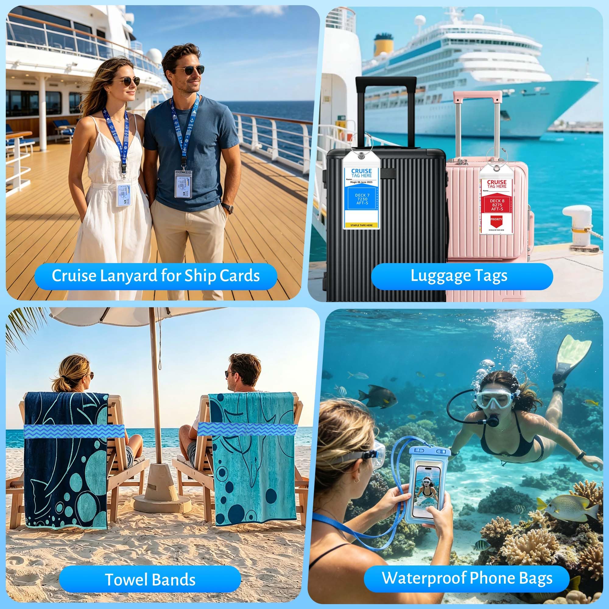 Cruise Essentials 2026, kit da crociera da 26 pezzi con protezione contro le sovratensioni, cannuccia telescopica, ganci magnetici, cordino, ganci, custodie impermeabili per telefono, filo