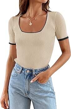 ZESICA Women's Short Sleeve Square Neck Color Block T Shirt