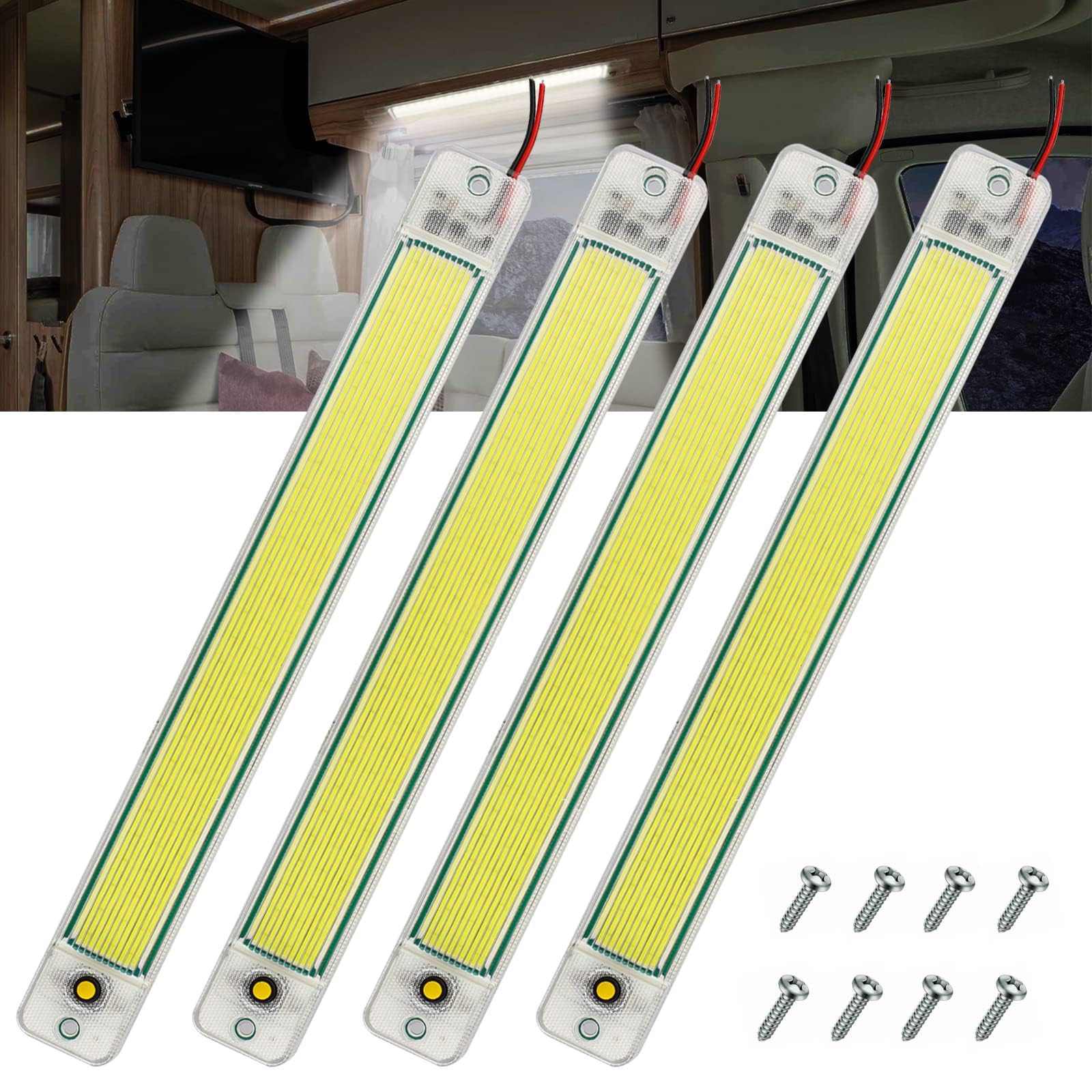 Azonee Car Interior LED Light Bar, Daytime Running COB Strip Lights, , 10W DC Led Light Strip with ON/Off Switch for RV Camper Boat Van Enclosed Trailer Car Truck Lorry Cabinet (4 Pack)