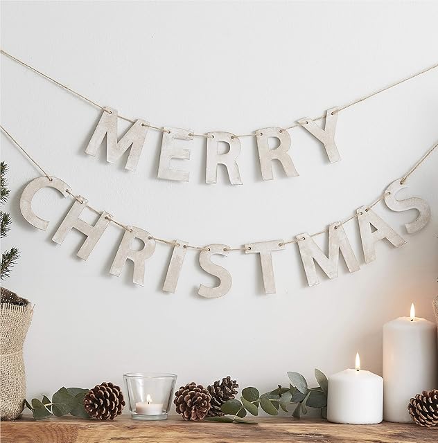 Ginger Ray Wooden Merry Christmas Bunting Room Decorations 1.2 Meters Rustic