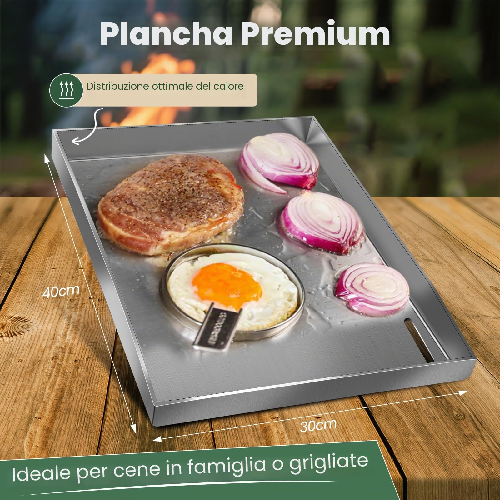 Set Plancha Premium con spatola per barbecue, 30 x 40 cm, in acciaio inox, universale, per barbecue a gas e barbecue a carbone, in acciaio inox, 4 mm