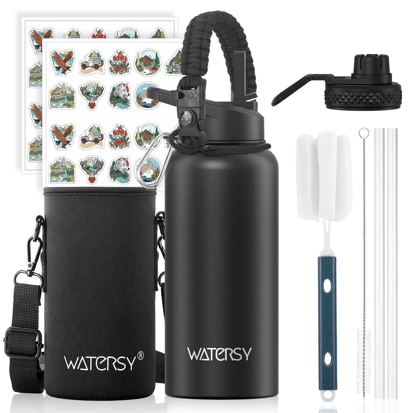 WATERSY Isolierte Edelstahl Trinkflasche 32oz Vakuumisolierte Thermosflasche mit 2 Deckel Auslaufsichere Wasserflasche 946 ml Doppelwand Flasche Metall Sport für Sport, Schule, Fitness