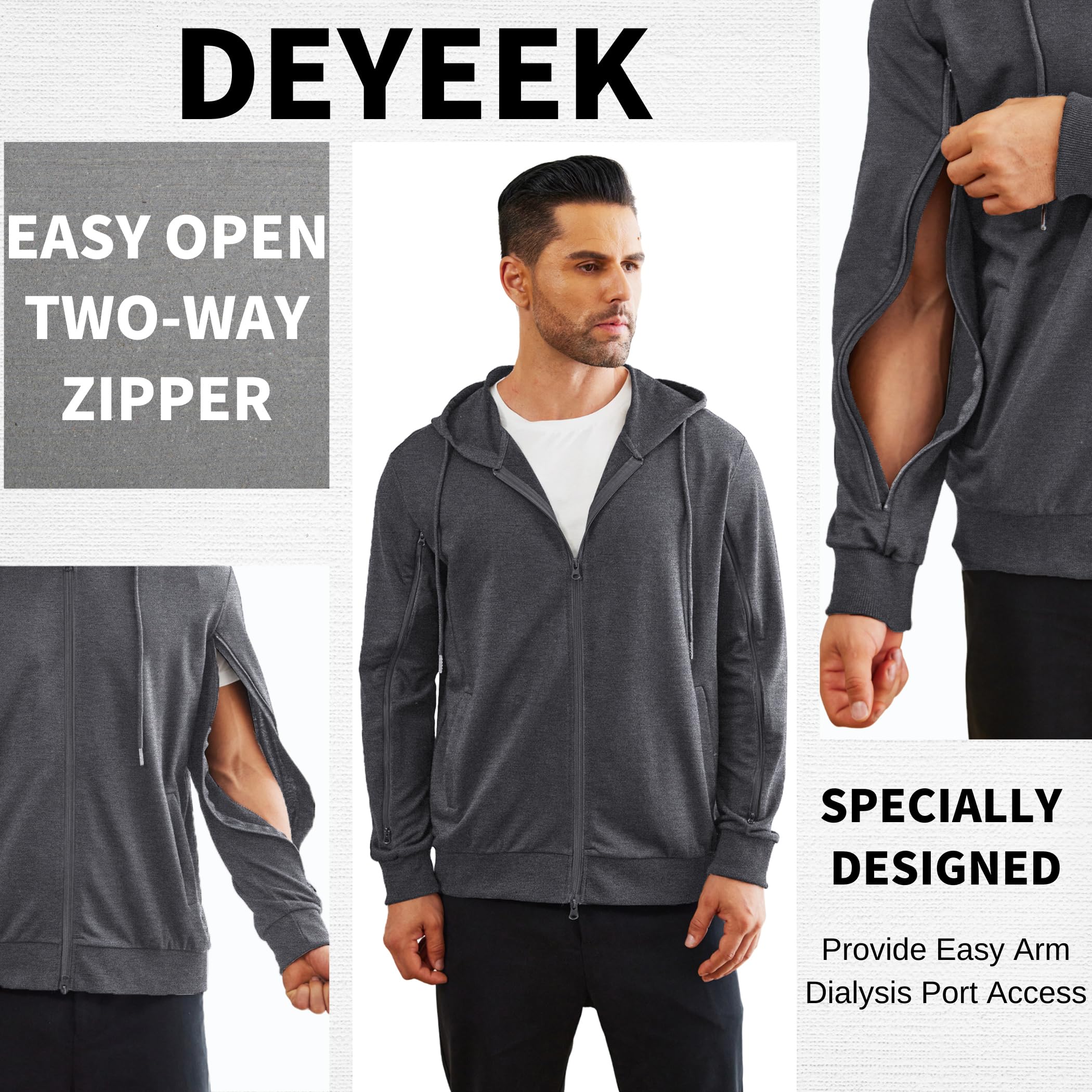 Deyeek Dialyse-Sweatshirt mit Reißverschluss am Arm, leichte Hämodialyse-Baumwolljacke mit Taschen