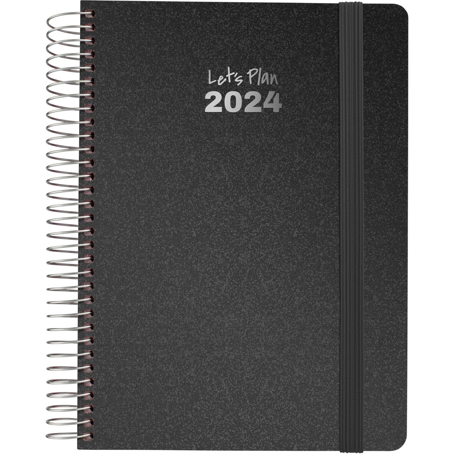 Grafoplás | Agenda Anual 2024 | Negra | Español | 15x21cm | Espiral | Día por Página | Tapa Dura Forrada Tela Metalizada | Cierre Elástico | Serie Metallic | Perfecto para Planificar tu Tiempo