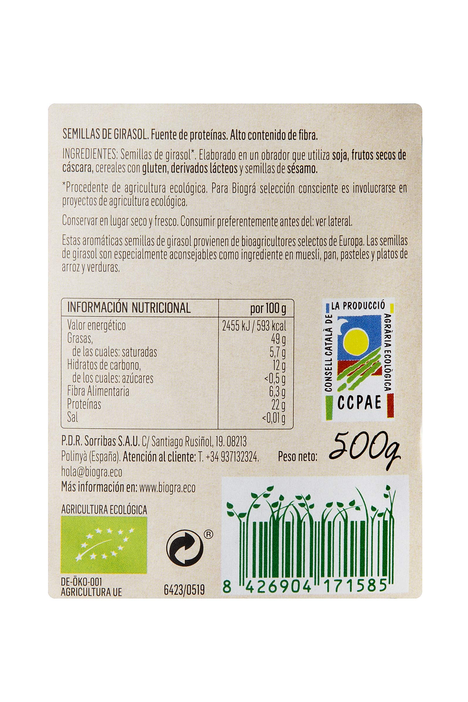 BIOGRÁ - Pipas Peladas de Girasol, Apto para Veganos, Perfecto para su Uso con Muesli, Ensaladas, pan, Pasteles, Platos de Arroz o Verduras, de Agricultura Ecológica 500g