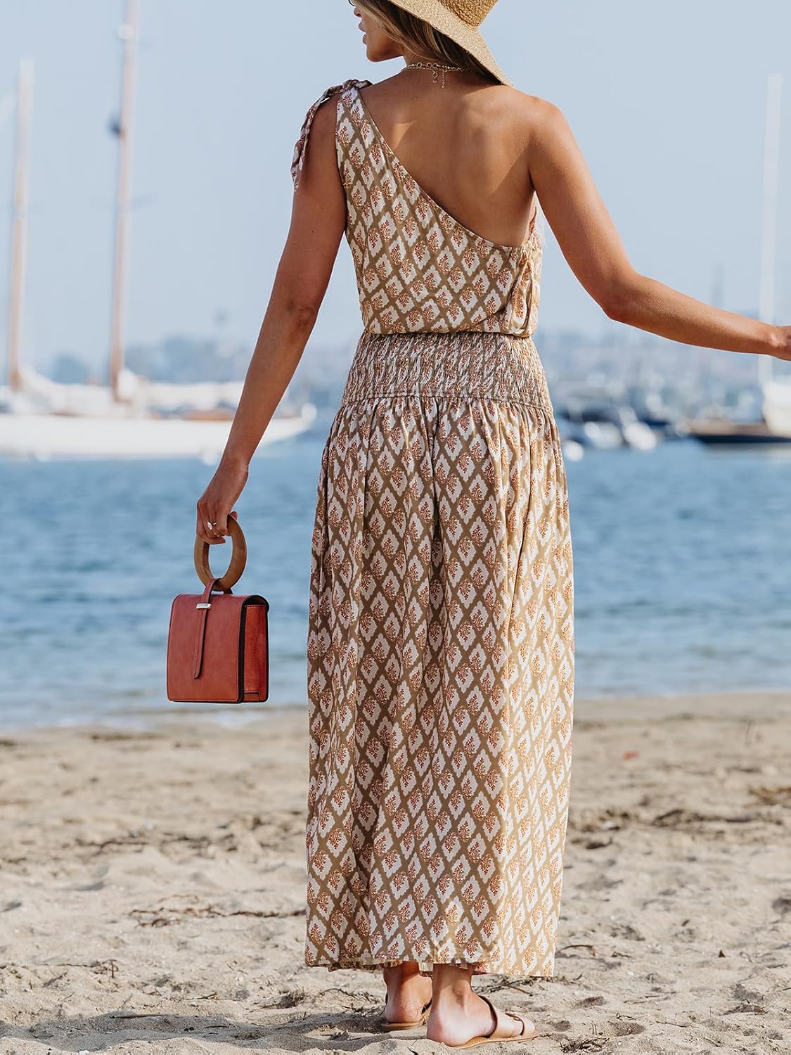 CUPSHE Women's One Shoulder Sleeveless Smocked Floral Printed Self Tie Boho Long Maxi Dress for Summer - Image 3