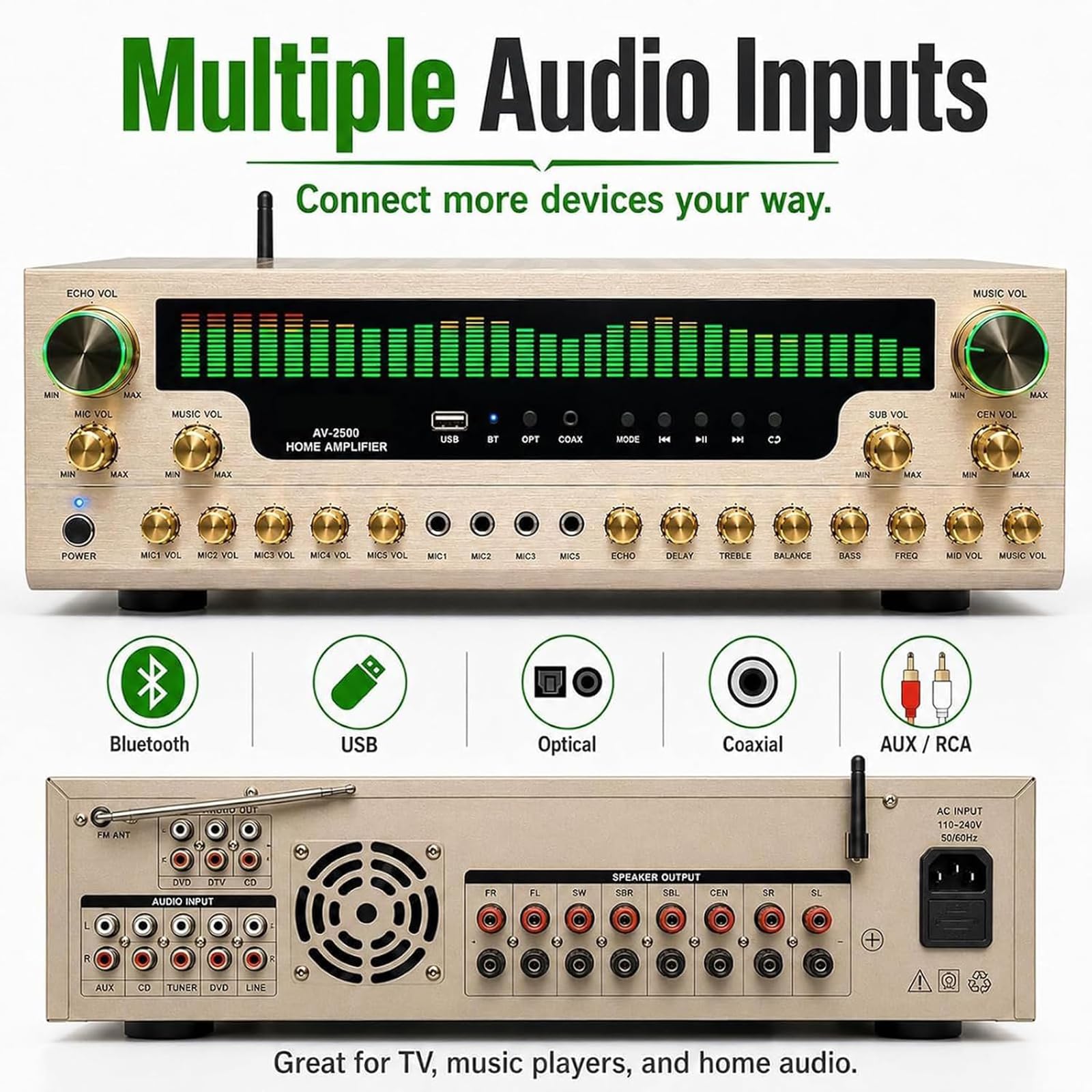 Receptor estéreo de 7.1 canales, amplificador de audio doméstico, con pantalla de espectro de 31 partes, reproducción Bluetooth 5.1/USB/entrada auxiliar/micrófono óptico/coaxial, con mando a