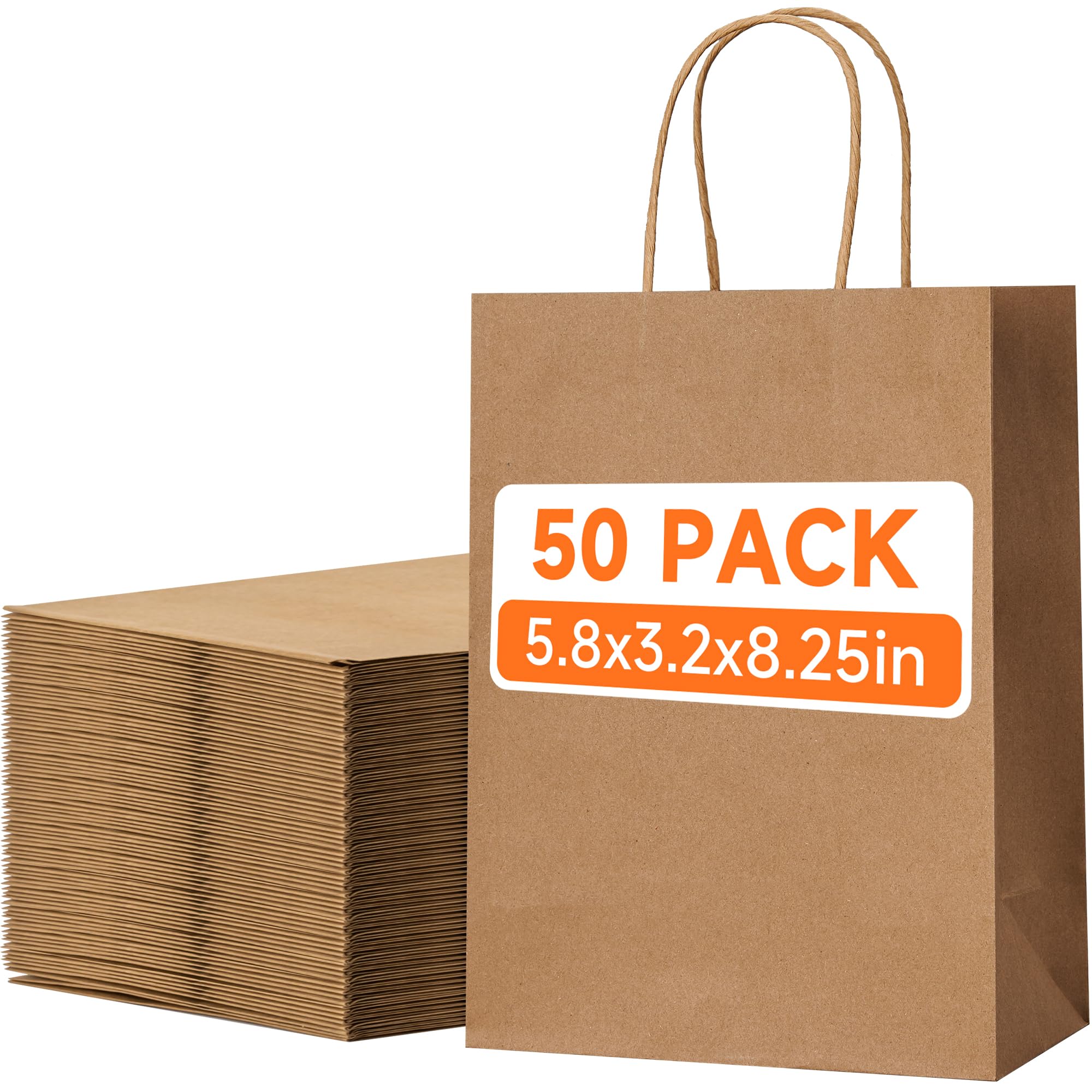 50 Pack Small Brown Paper Gift Bags with Handles, 5.8"x3.2"x8.25" Kraft Paper Gift Bags for Retail, Birthday Parties, Shopping, Versatile Craft Bags & Goodie Sacks