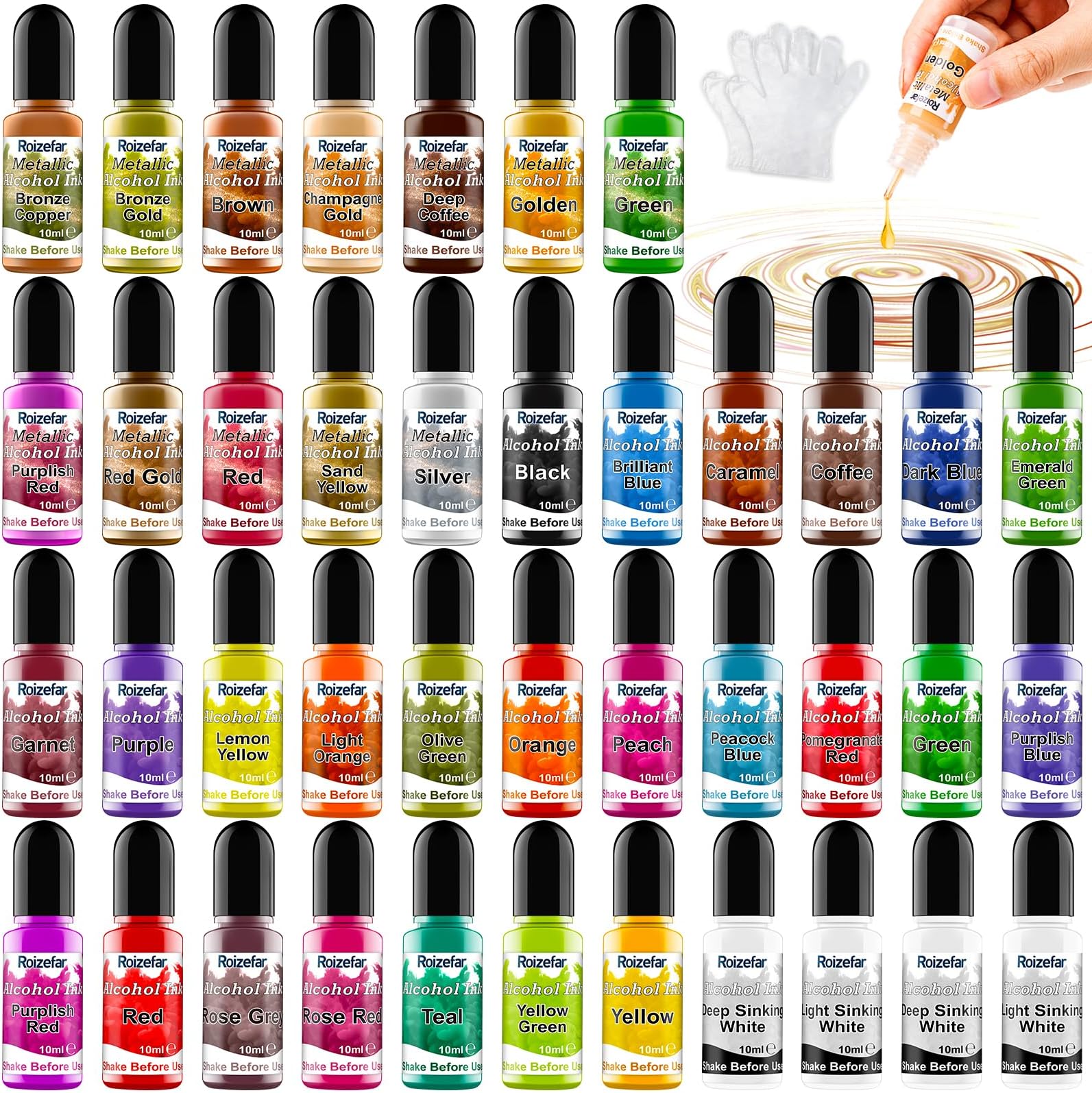 Roizefar Alcohol Ink Set - 40 Vivid Colour High Concentration Resin Dye with Metallic Dye, Safe and Fast Drying Effect, Alcohol Ink for Epoxy Resin, Art Painting, Glass, 10ml Each