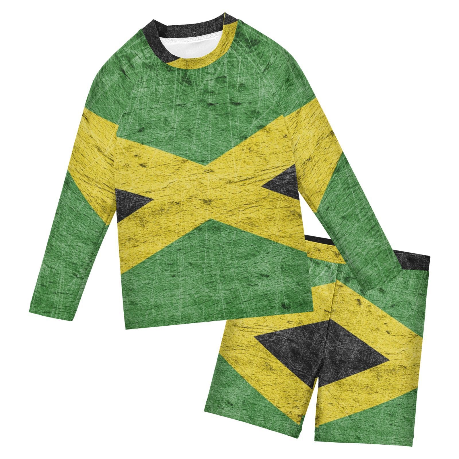 Aflyko Patriot Boys 2-Piece Swimwear Jamaica Flag Grunge Rashguard Set Swim Trunks with Shirt Soft Fabric Board Shorts Comfy for Everyday Swimmer, 5-6T Multicoloured