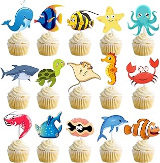 36pcs Ocean Sea Animal Cupcake Toppers Ocean Animal Creature Cake Cupcake Toppers for Ocean Sea Theme Birthday Party Supplies Under The Sea Party Decoration