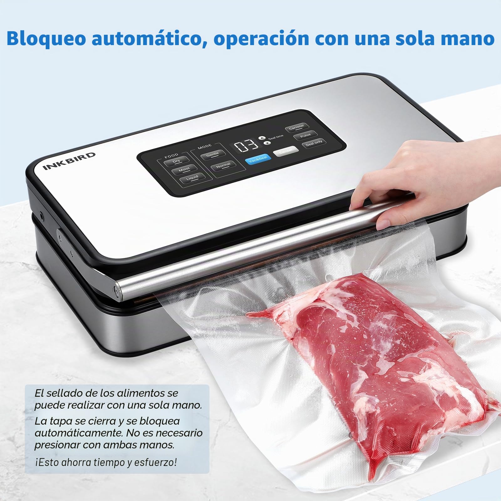 INKBIRD Máquina de envasado al vacío, aparatos de soldadura para alimentos con modo seco/húmedo/líquido, bomba doble, 20 l/min, silenciador, cortador de papel, rodillos y bolsa incluidos en la entrega