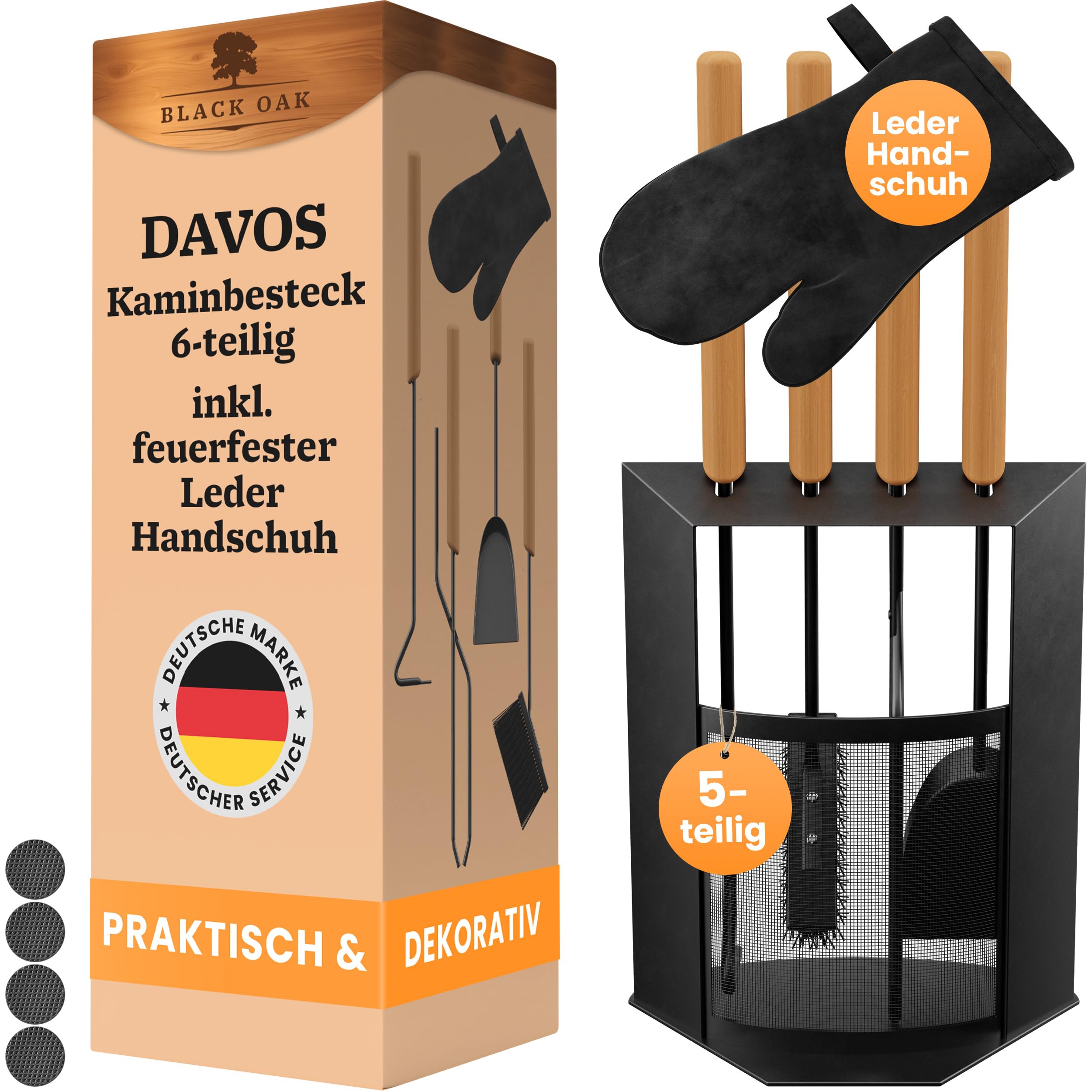 BLACK OAK DAVOS - Set di posate per camino, 5 pezzi, con guanto in pelle, elegante e decorativo, con manico in legno, 5 pezzi, supporto + pinza per camino, accessori per il forno