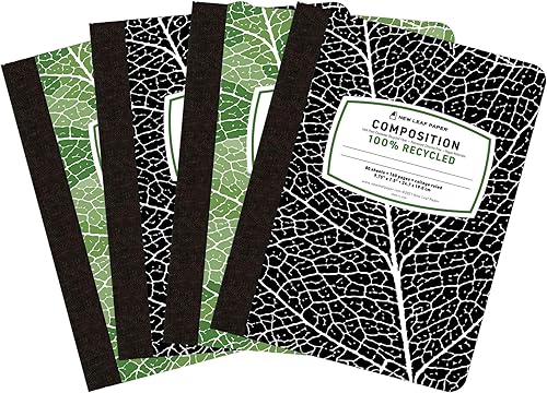 Libros de composición, paquete de 4, diseño de sostenibilidad, 9.75 x 7.5 pulgadas, 80 hojas, páginas 100% recicladas con rayas universitarias,