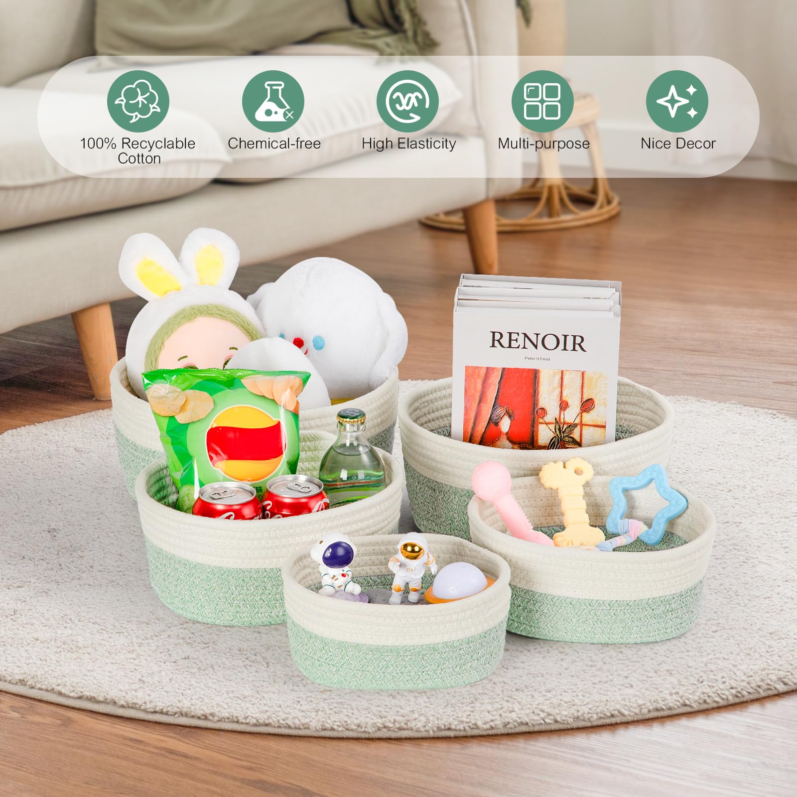 Juego de 5 Cestas Almacenaje de Cuerda de Algodón, Cestas Organizadoras Baño, Cesta Juguetes Bebe, Cesto Toallas Baño, Cajas Almacenaje Decorativas, Blanco & Verde