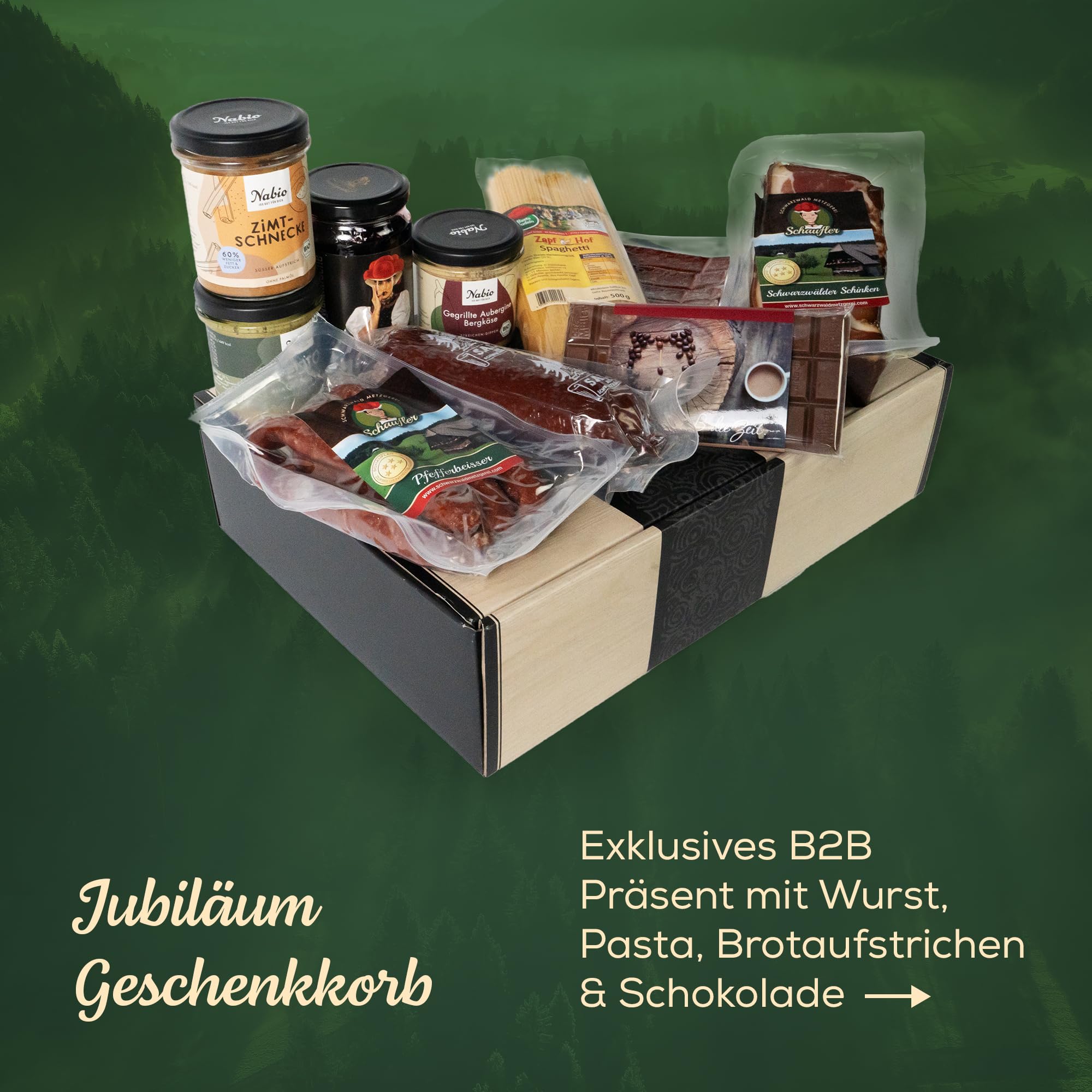 Schwarzwald Metzgerei - Jubiläum Geschenk Set – Exklusiver Schwarzwald Präsentkorb mit Schinken, Salami, Landjäger, Pfefferbeißer, Pasta & Pesto – Wertschätzung für Mitarbeiter, Firmenkunden
