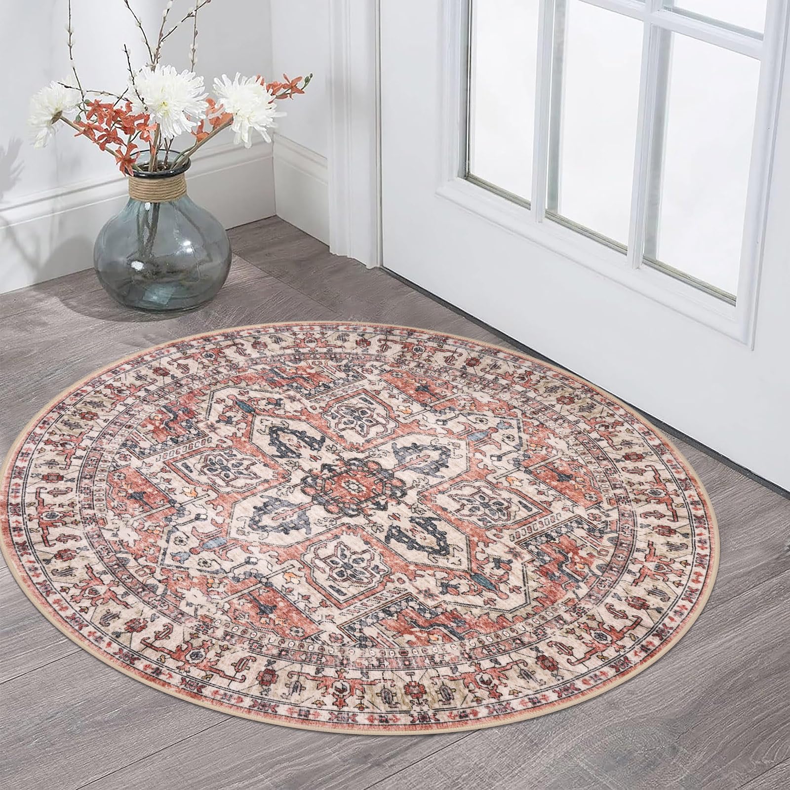 KOZYFLY Boho Round Rug 3 Ft Rugs for Entryway Washable Circle Rug Non Slip Doormat Printed Faux Wool Vintage Round Entryway Rug Floor Carpet Round for Entrance, Bedroom, Terracotta/Beige โ image 1