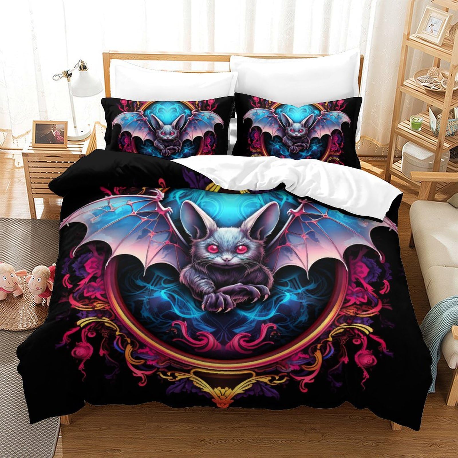Housse de couette chauve-souris 3D microfibre parure de lit zippée anti-glissement