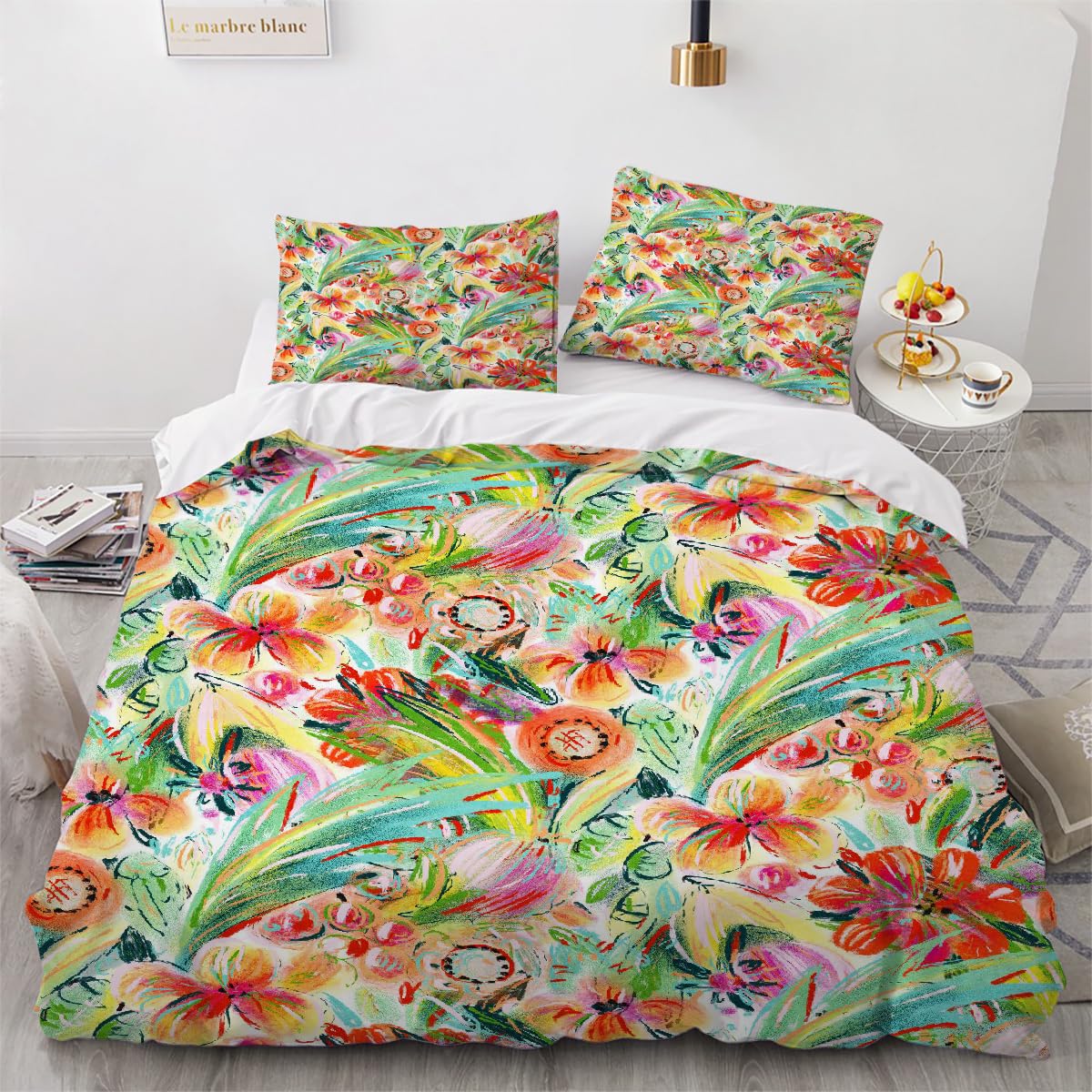 Parure de lit 140x200 microfibre douce et zippée motif floral vintage 1 personne