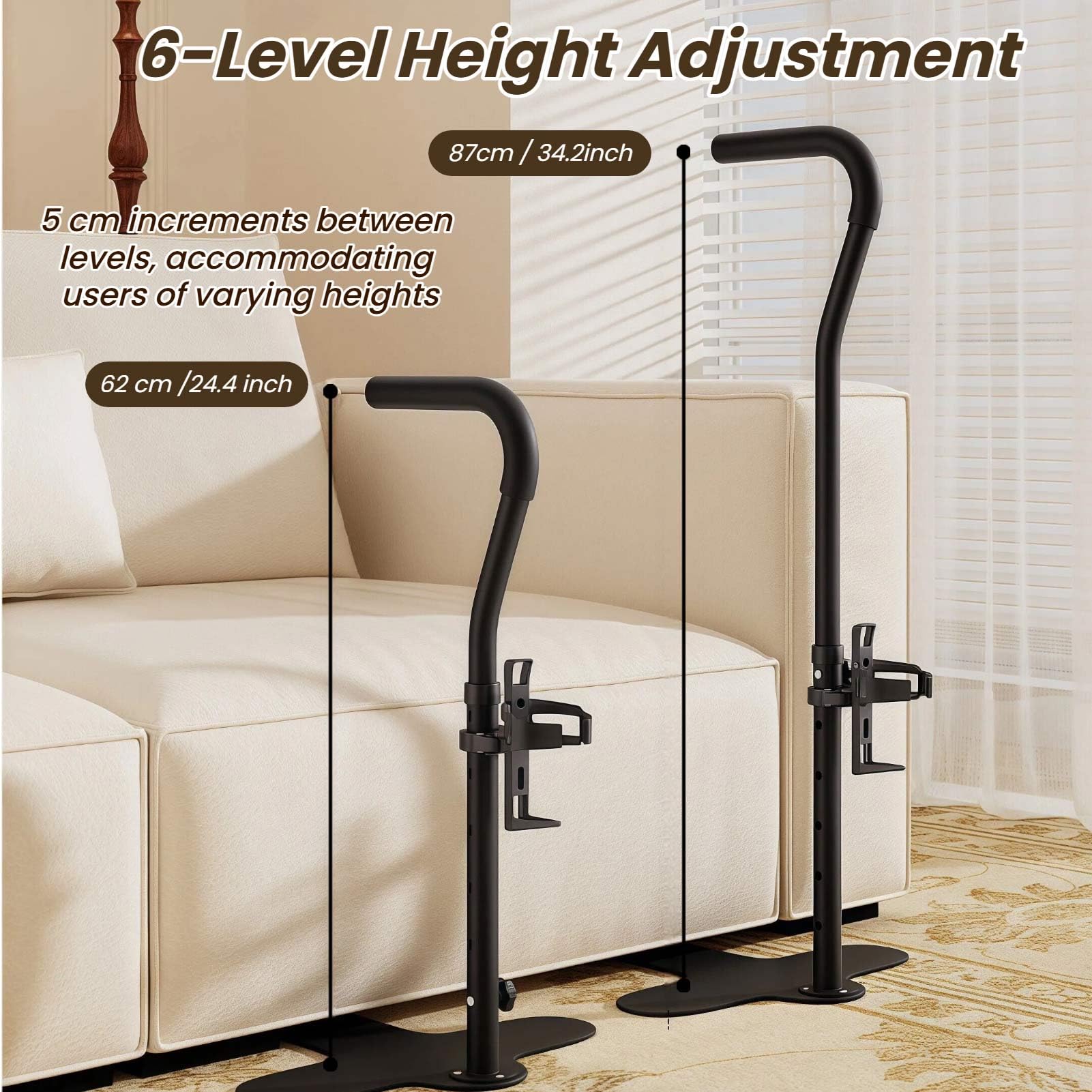 Soporte para personas mayores, altura ajustable de 62 a 87 cm, mango antideslizante y portavasos, adecuado para sofá, silla, ideal para personas mayores y personas con discapacidad