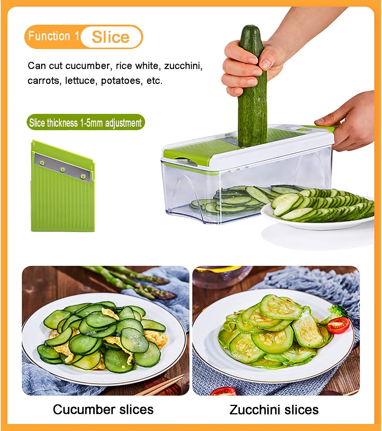 Salad Slicer for Food Fruit Tomato Potato Ginger Manual Vegetable Chopper Multifunctional Onion Grinder Chopper Kitchen Mandolin Slicer with Container and 3 Blades Green 37 x 11 x 10 cm (14 x