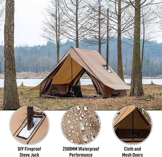 POMOLY Camping Hot Tent Cabin Tent, Chalet 70 Series Portable Wall Tents with Stove Jack and Two Poles for 2-3 Person Hiking, Backpacking