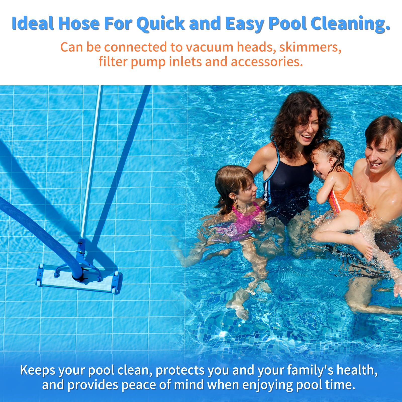 Tuyau d'aspiration de piscine robuste en spirale de 3,8 cm x 8,2 m avec manchon pivotant sans nœud, durable, flexible, ajustement universel pour l'entretien de la piscine