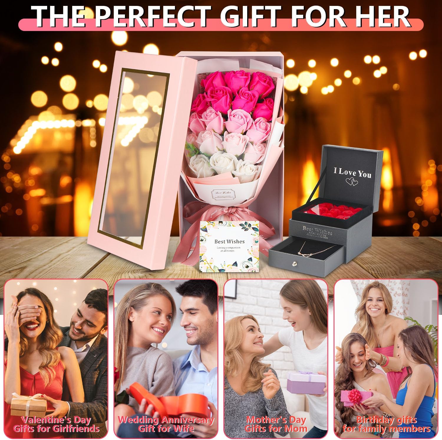 Rose Bouquet Rosas Eternas Preserved Rose Bouquet 18 Flower Bouquet with Beautiful Love Necklace, Unique Gift for Birthday, Valentine's Day, Mother's Day, Thanksgiving, Christmas, Anniversary - Image 3