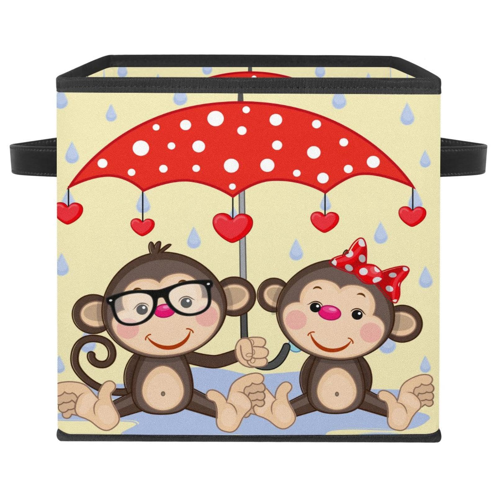 Boîte de rangement pliable cube en tissu motif singe et parapluie