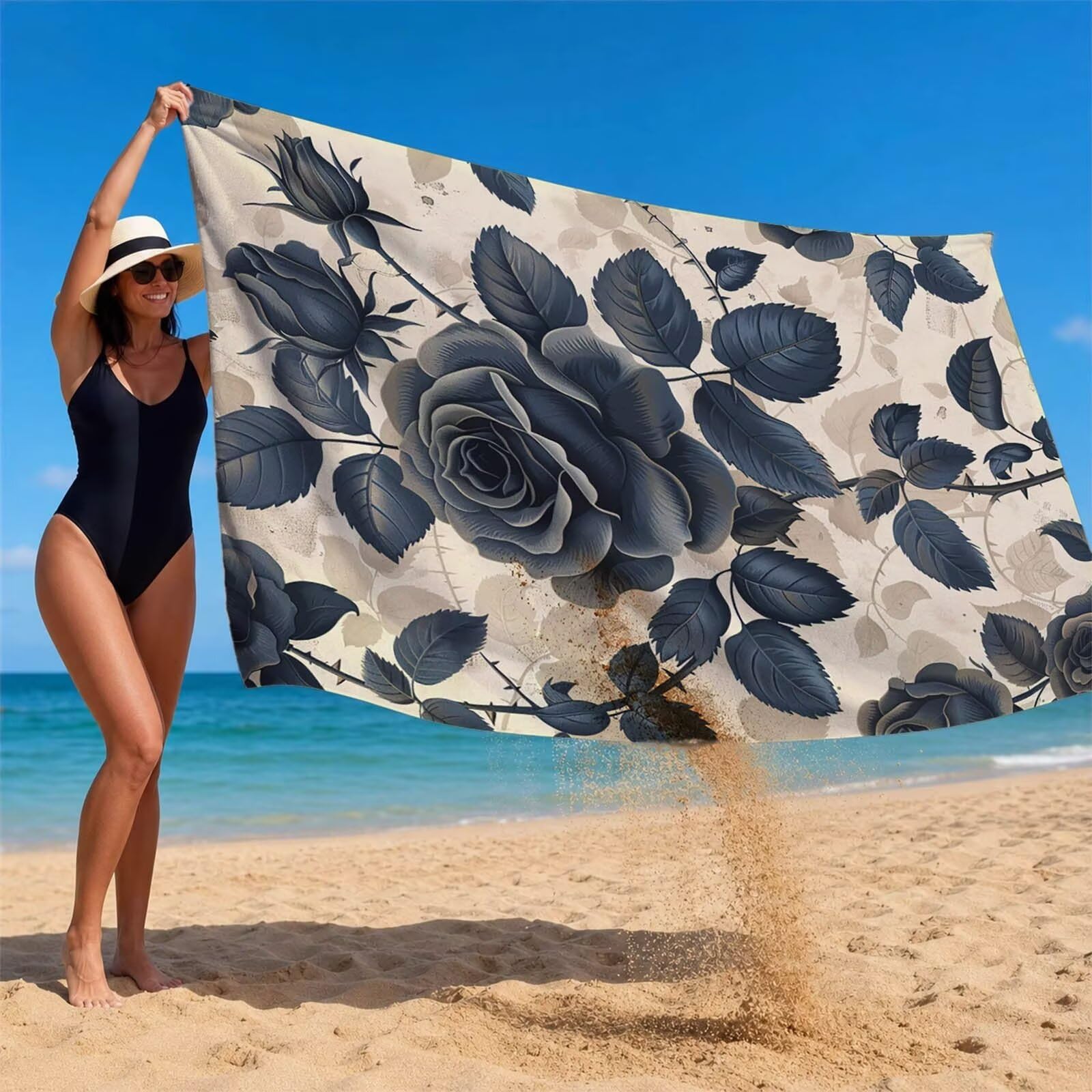 Gris Toalla Playa 220 x 160 Resistente a la Arena Secado rápido Ligero, Toalla Playa Grande 160x220cm Suave Cómodo como Gym Yoga Sauna Toallas Baño Grandes Exterior Travel Essentials Flor XTLS-6421