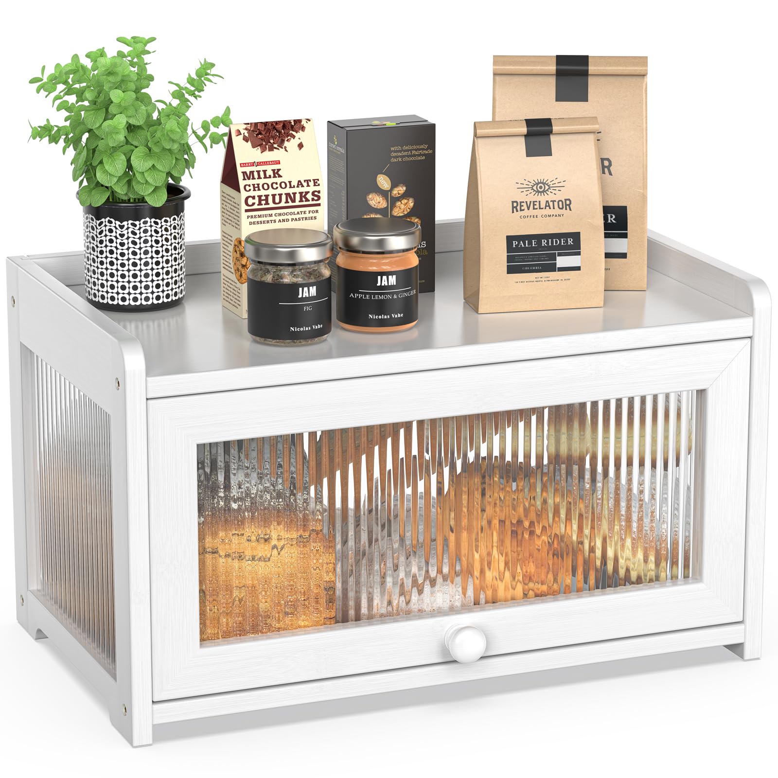 BAMBANG Bamboo Bread Bins for Kitchen, Wooden Bread Box Storage Container Box with 3 Sides Wavy & Back Clear Window, Large Breadbin Breadbox for Homemade Bread, White — image 1