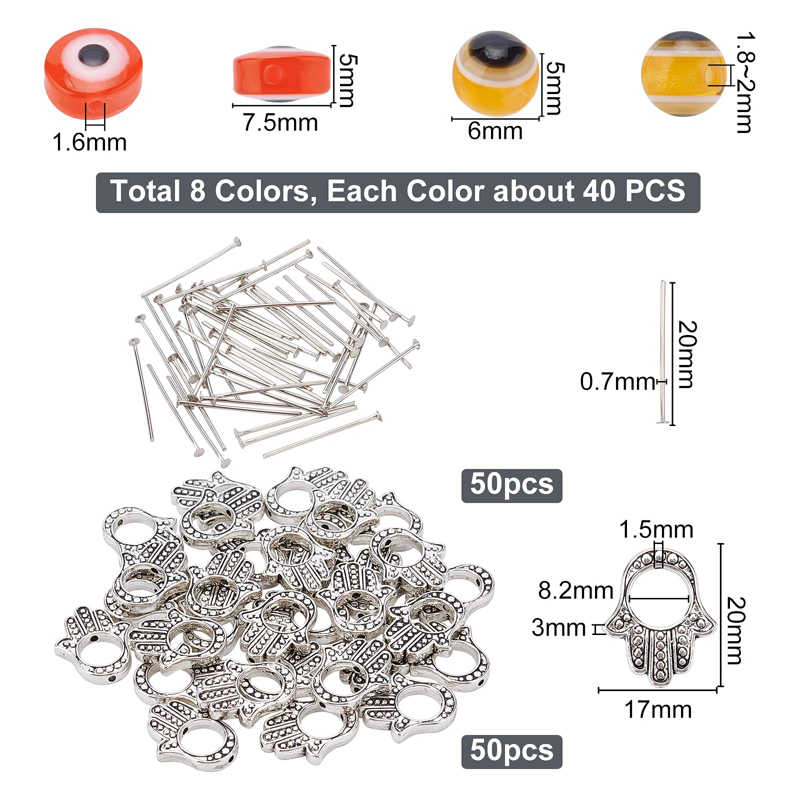 NBEADS Juego de 820 cuentas de mal ojo, 400 cuentas planas para el mal de ojo, 320 cuentas redondas de mal ojo, 50 piezas de mano de Hamsa y 50 pasadores de cabeza plana de latón para hacer joyas
