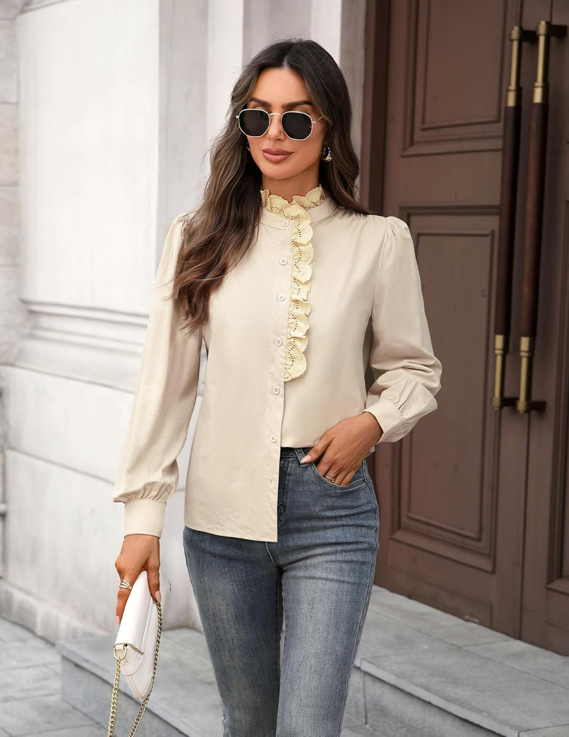 Women's Spring Shirts 2026 Long Sleeve Ruffle Collar Button Down Tops Dressy Casual Elegant Solid Retro Blouse - Image 2