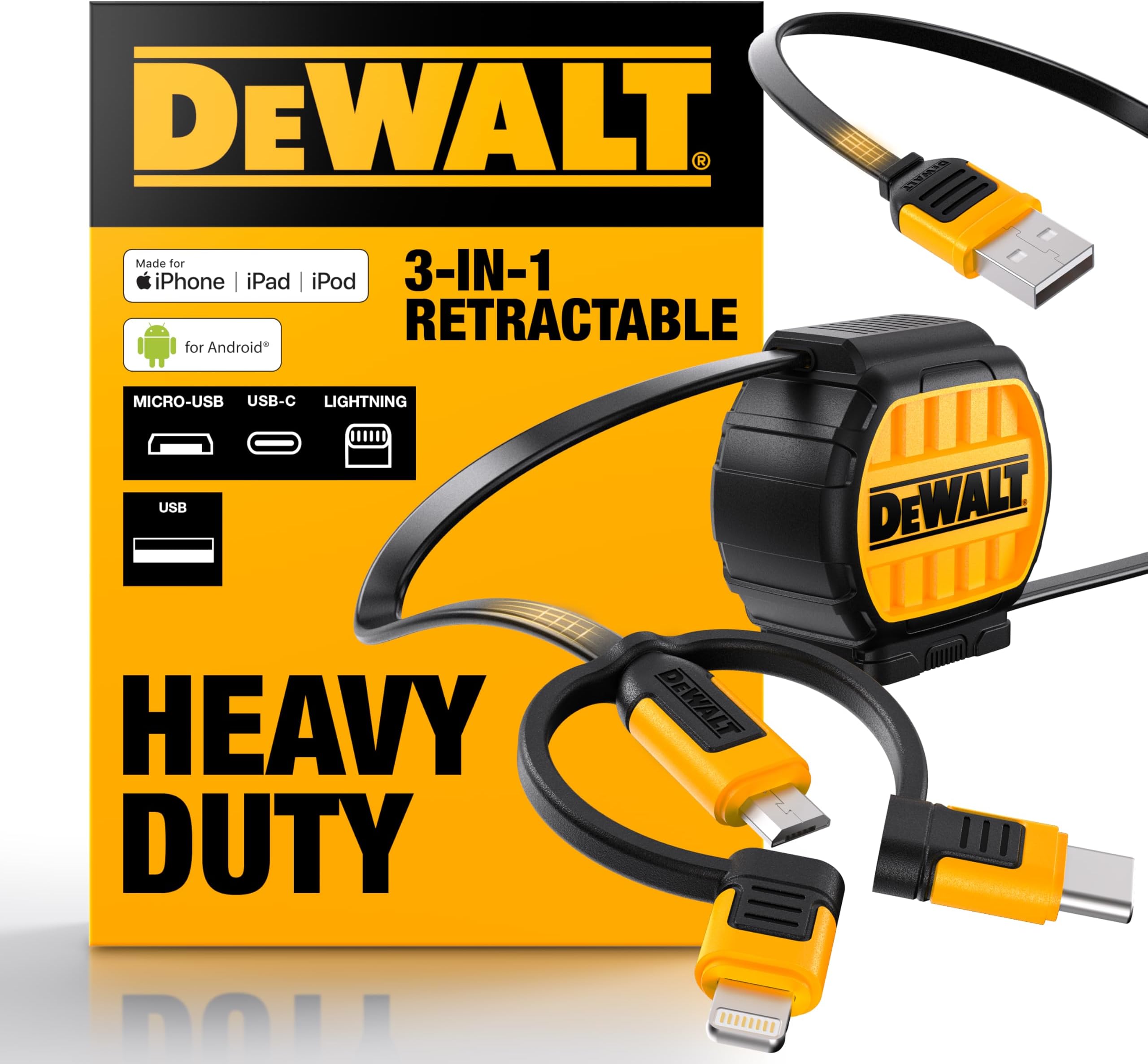 DEWALT Heavy Duty 3 in 1 Retractable Multi Charging Cord, 3ft Fast Charger Cord, Multi Charger Adapter with Lightning/Type C/Micro USB Port for iPhones/Samsung Galaxy/PS/Tablets/More
