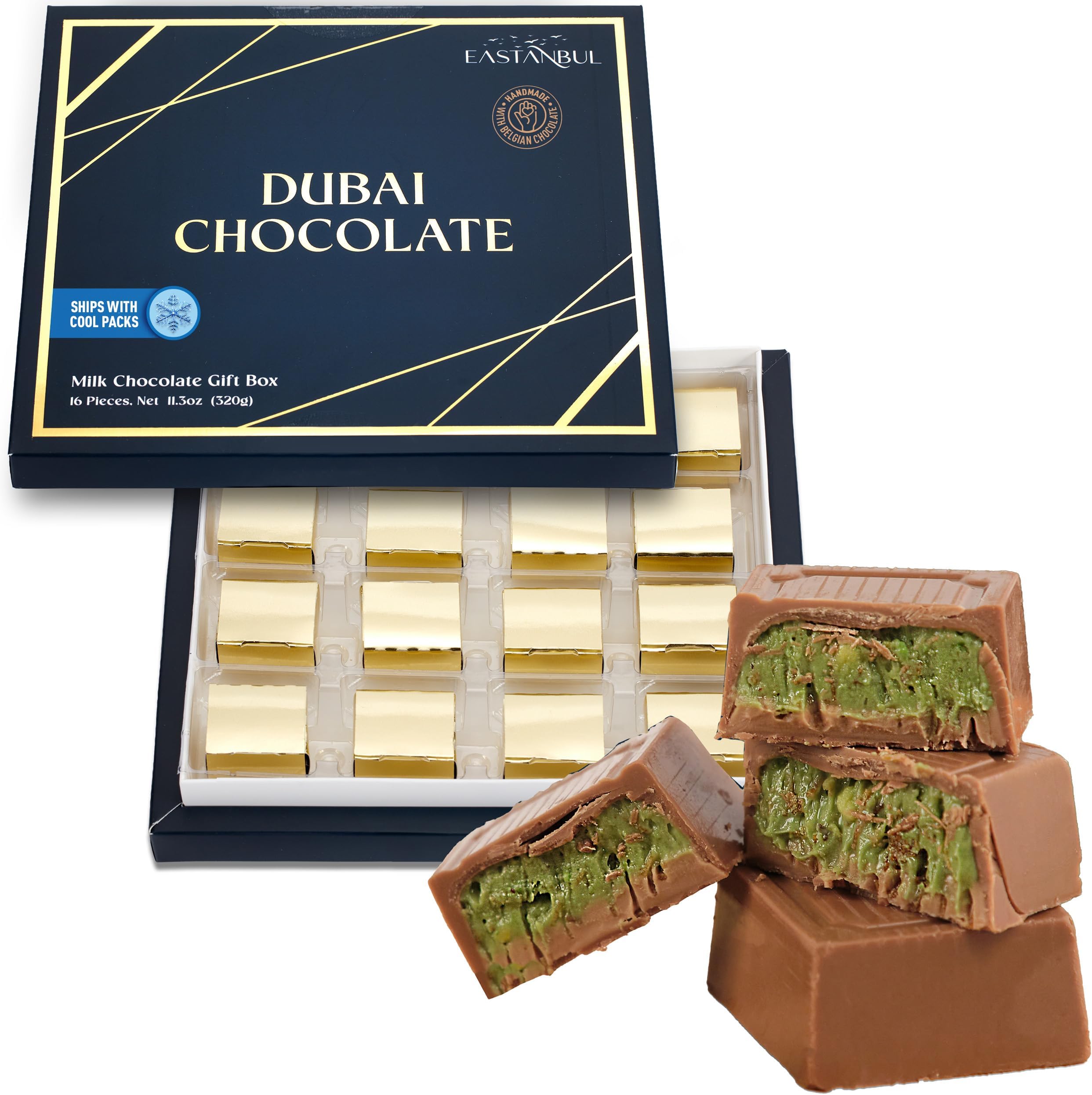 Dubai Chocolate Bar Pistachio, 320g, Pistachio Dubai Chocolate Bar, 16 Pieces, Bites with Shredded Phyllo Dough, Knafeh, Kataifi, Viral Candy, Gift Box