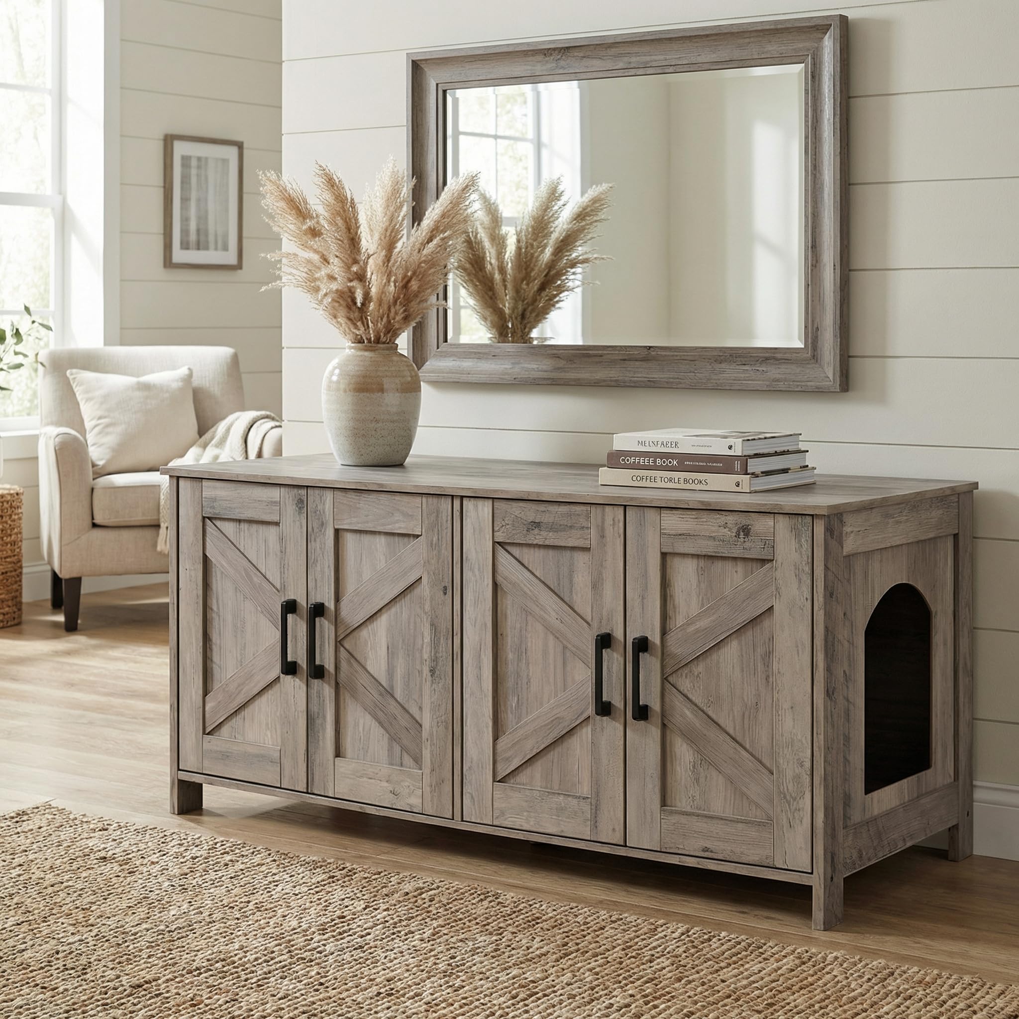 Homhedy Cat Litter Box Enclosure for 2 Cats, Litter Box Furniture Hidden with Double Room,Wooden Cat Washroom Furniture,Cat House,47.2”L x 19.7”W x 19.7”H,Greige