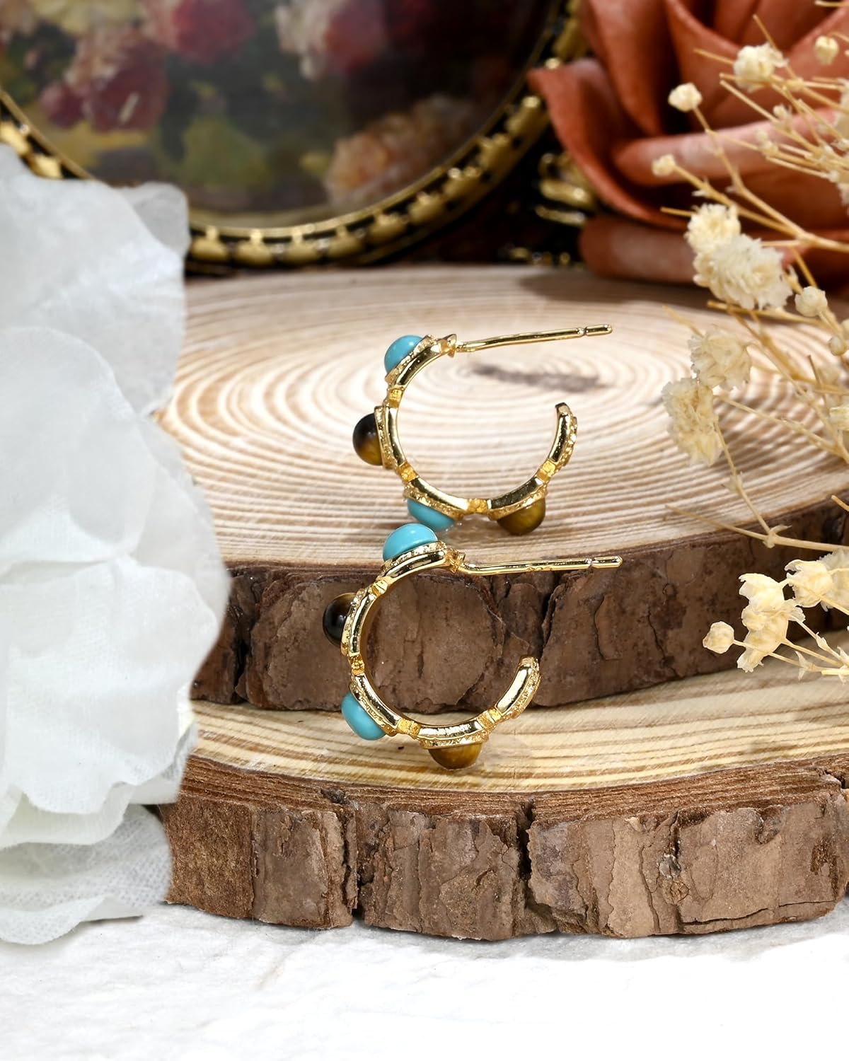 Small 14K Gold Plated Boho Hoop Turquoise and Tiger Eye Earrings for Women Western Vintage Stone Stud Earrings December Birthstone Cowgirl Jewelry - Image 2