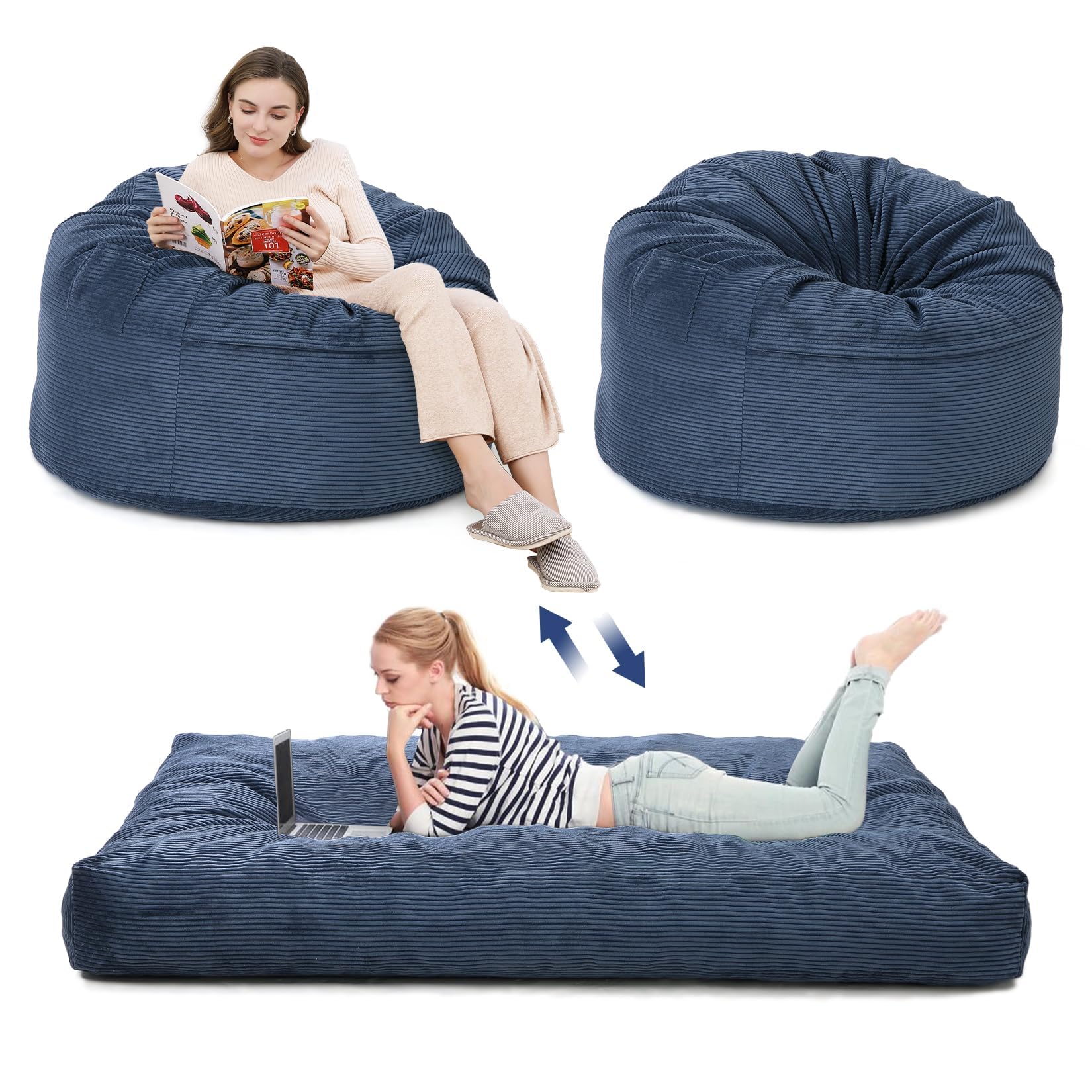 Géant Pouf Lit Convertible en Velours Côtelé,2 in 1 Canapé Paresseux Convertible lit,Rembourrage Mousse,Canapé lit Convertible/Chauffeuse 1 Place pour Salon/Chambre(190x135x25cm,Bleu)