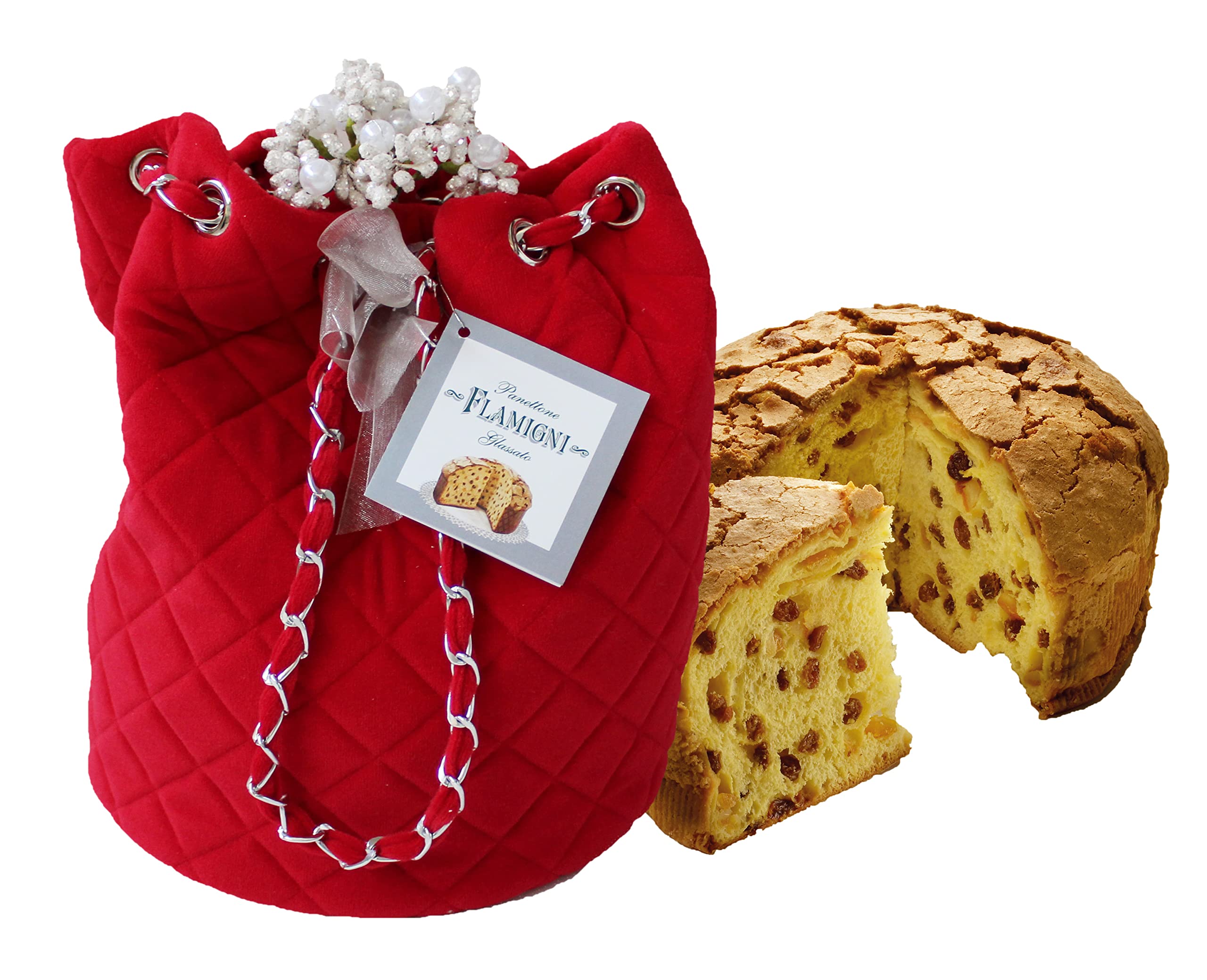 Flamigni 1930 One Gourmet Italian Panettone Sugar Iced In Glamour Bucket Gift Lady Fashion Quilted Velvet Bag Assorted Trendy Colours Black Or Red Grey 750G