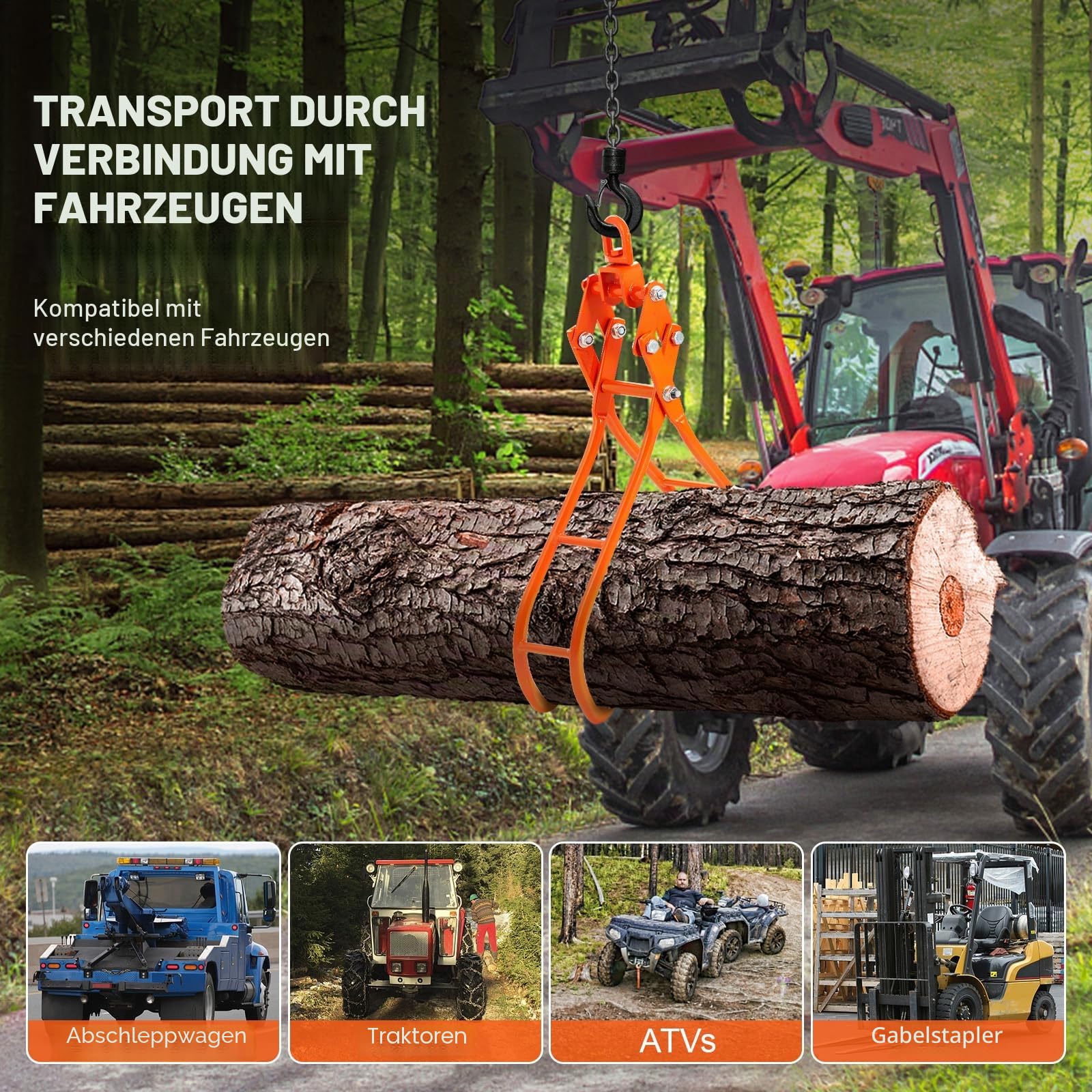 VEVOR Forstzange 1000kg Tragfähigkeit Rückezange Max. Öffnung 787,4mm Holzzange 850x322x215mm Hebezange Holzgreifer Verladezange Schleppzange Holzpackzange Traktoren Lastkraftwagen Gabelstaplern